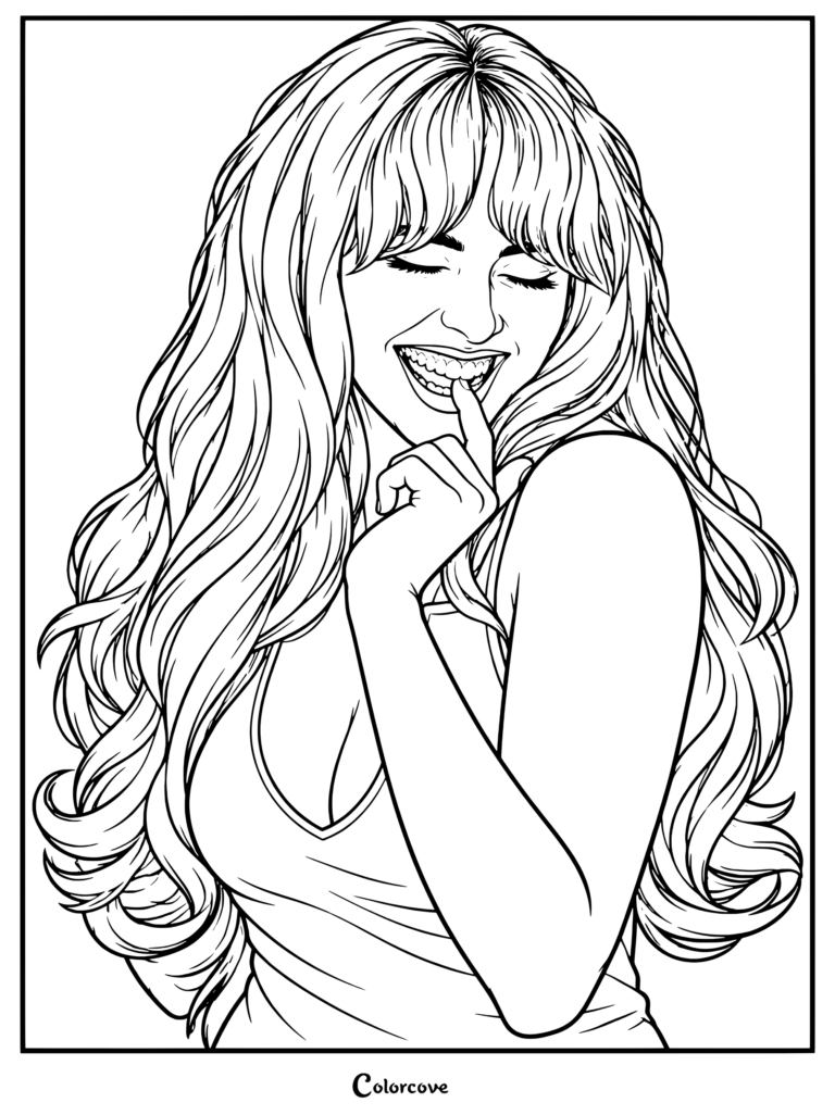 Coloriage emblématique de Sabrina Carpenter se mordant le doigt, montrant la chanteuse souriant avec son doigt près de la bouche.
