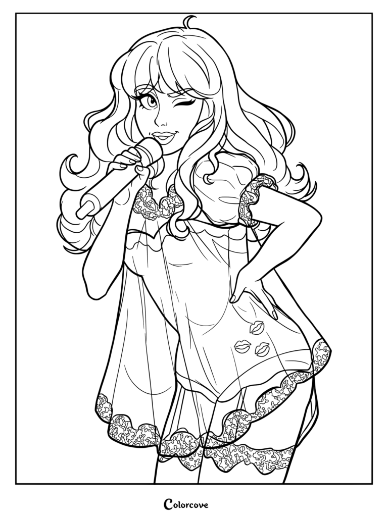 Coloriage à imprimer de la pop star Sabrina Carpenter dans une tenue bleue étincelante et une étoffe en dentelle transparente, tenant un microphone.