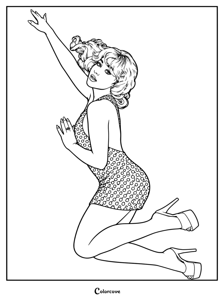 Un coloriage à imprimer de la chanteuse et auteure-compositrice Sabrina Carpenter posant dans une micro-robe étincelante à sequins associée à des talons blancs.