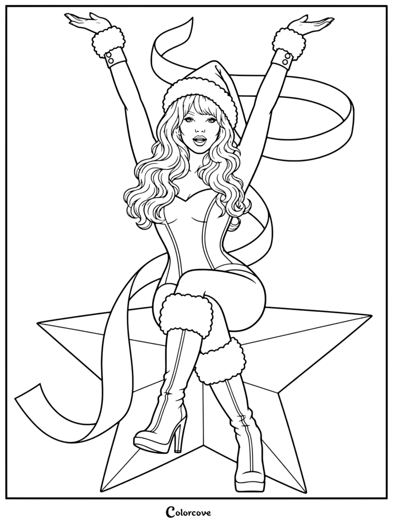 Coloriage de Sabrina Carpenter présentant le visuel promotionnel de A Nonsense Christmas with Sabrina Carpenter sur une étoile.