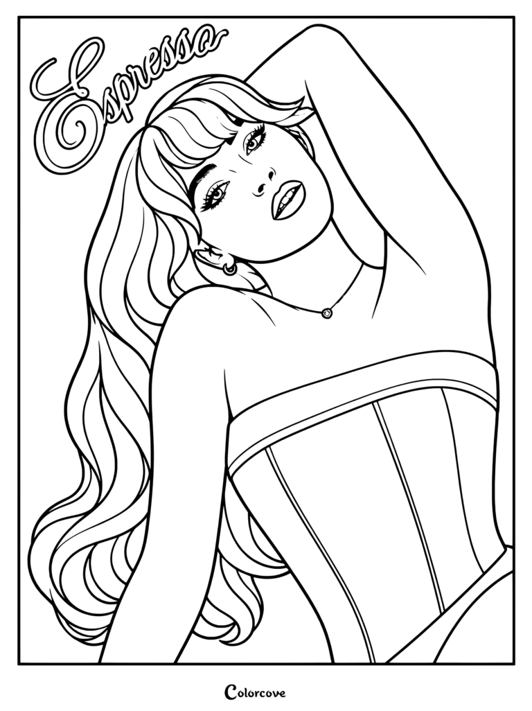 Coloriage Espresso mettant en vedette la chanteuse pop américaine Sabrina Carpenter tiré de la pochette de son single officiel sorti le 11 avril 2024.
