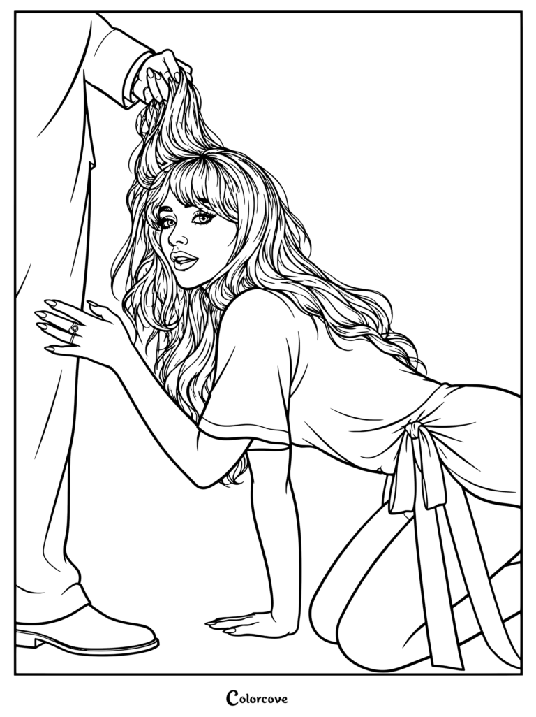 Coloriage de Sabrina Carpenter montrant la chanteuse pop Sabrina Carpenter sur la pochette de son septième album studio, Man’s Best Friend.