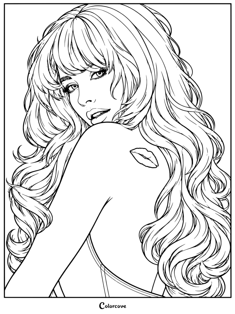 Un coloriage à imprimer présentant la pochette d'album alternative du sixième album studio de Sabrina Carpenter, Short n' Sweet, publié par Island Records, la montrant en train de regarder par-dessus son épaule avec une trace de baiser.