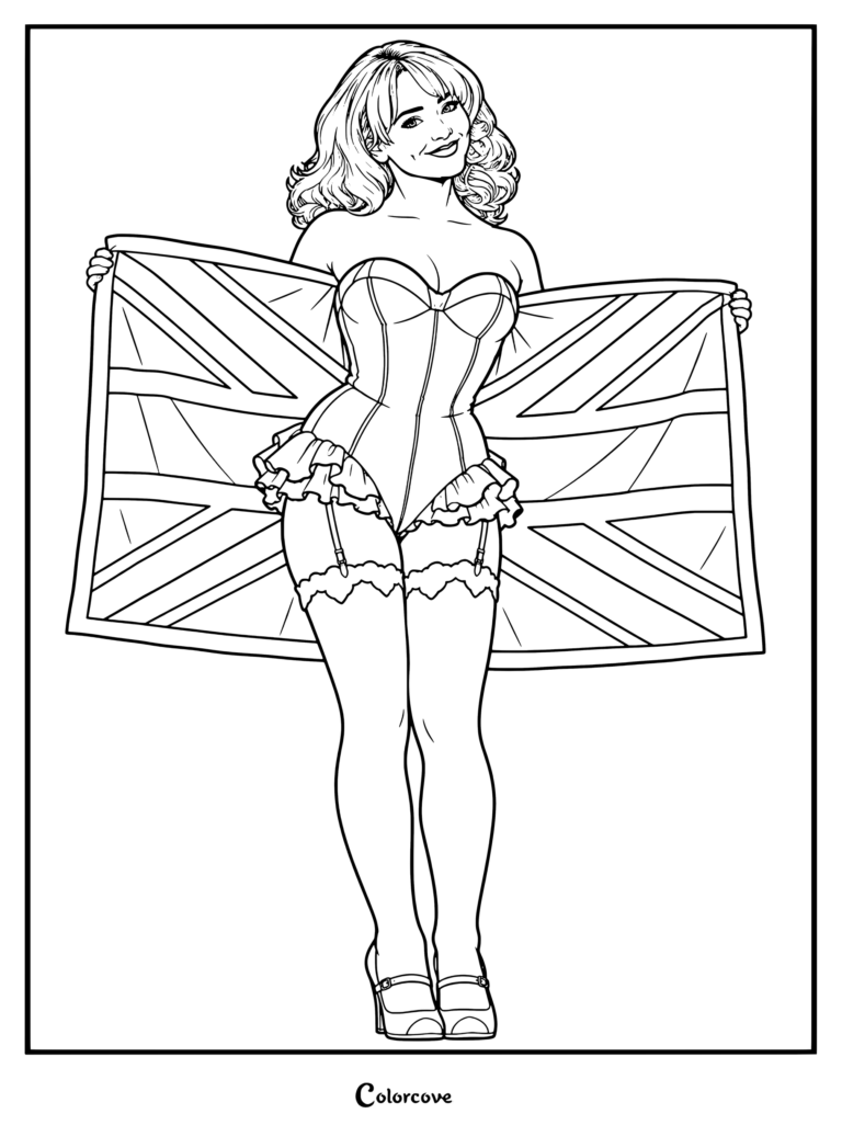 Coloriage à imprimer de Sabrina Carpenter portant un corset et des bas jarretelles tout en brandissant un drapeau Union Jack.