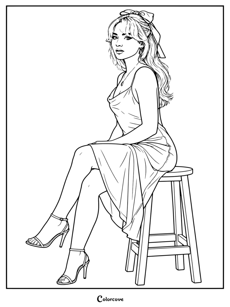 Coloriage à imprimer de Sabrina Carpenter posant dans une robe nuisette en satin vert émeraude associée à un nœud dans les cheveux assorti et des talons métalliques.