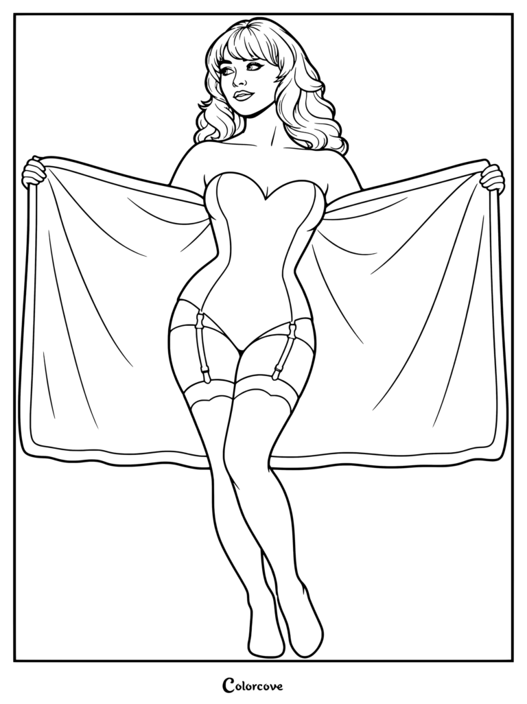 Coloriage de Sabrina Carpenter portant un body bustier rose personnalisé, étincelant et orné de sequins, avec des jarretières assorties et des bas transparents, conçu pour son Short n' Sweet Tour.