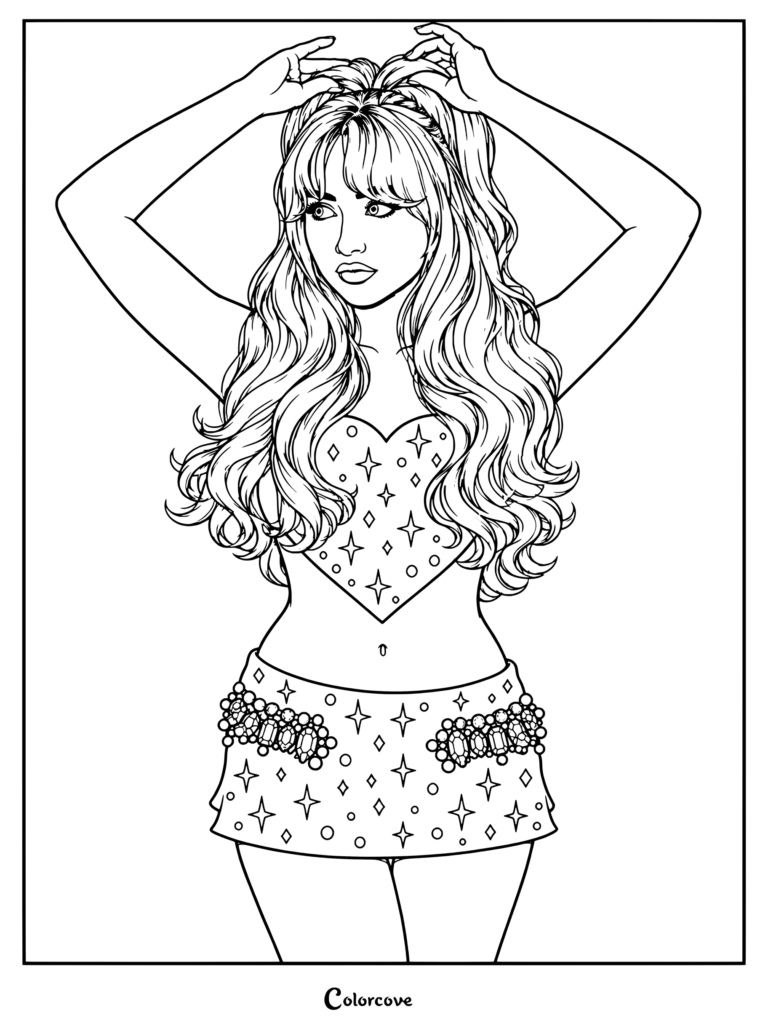 Coloriage à imprimer de Sabrina Carpenter portant un crop top cœur en cristaux multicolores fuchsia et une mini-jupe en tweed rose assortie ornée de perles, posant les mains dans les cheveux.