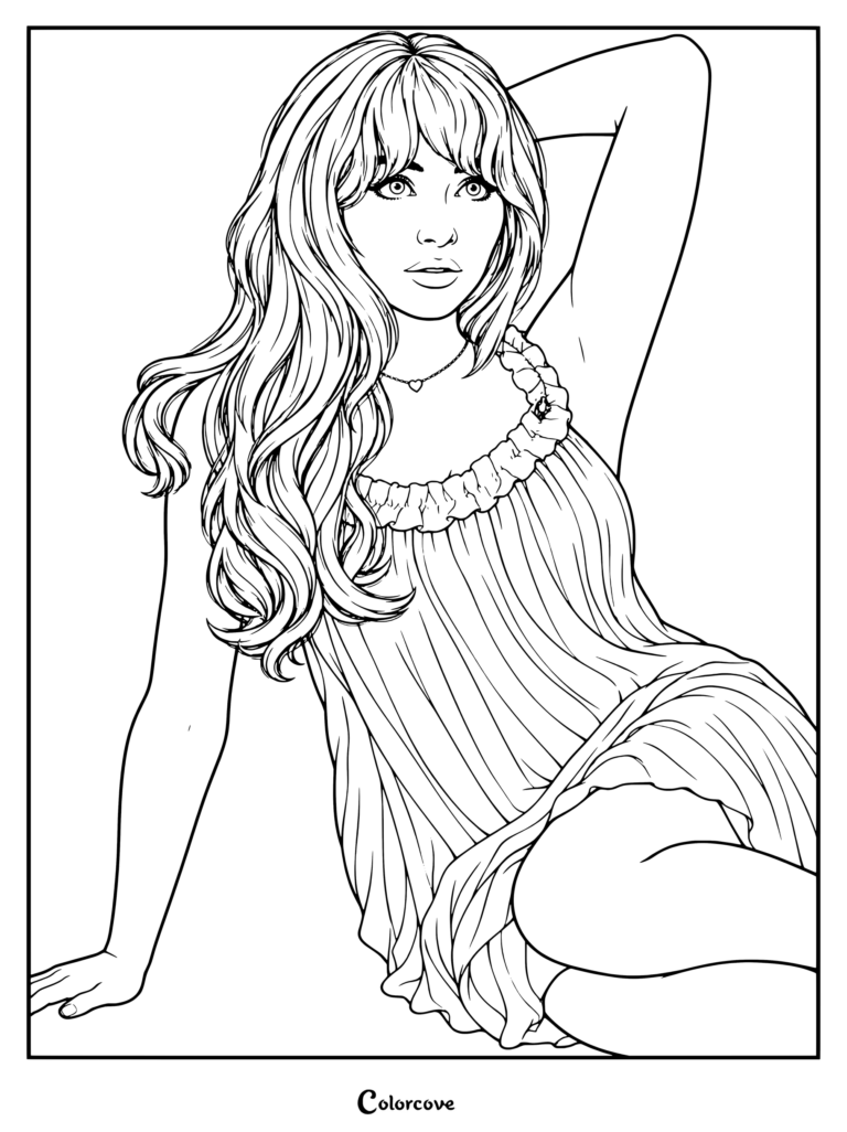 Coloriage de Sabrina Carpenter la représentant dans une nuisette babydoll plissée avec des volants, issue de son époque Short n' Sweet.