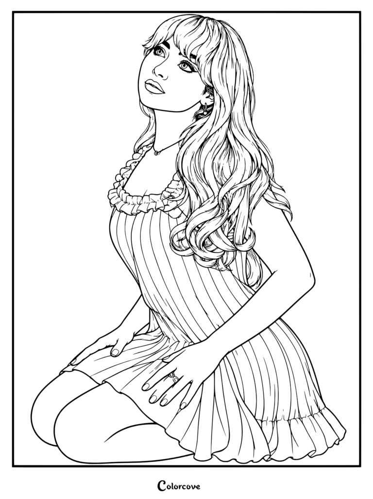 Coloriage gratuit de Sabrina Carpenter la représentant dans une nuisette babydoll en crêpe bleu clair Victoria's Secret de style vintage 2006 lors de sa séance photo promotionnelle pour Espresso.