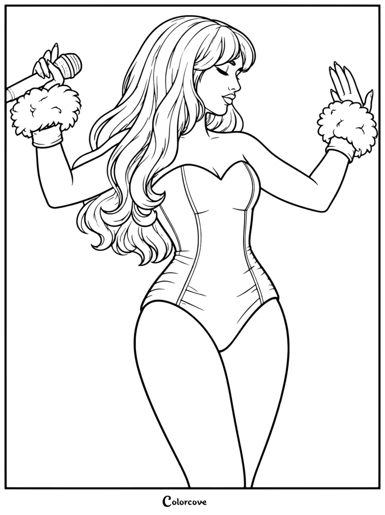 Coloriage de Sabrina Carpenter à imprimer présentant un fan art inspiré de son special de fêtes A Nonsense Christmas.