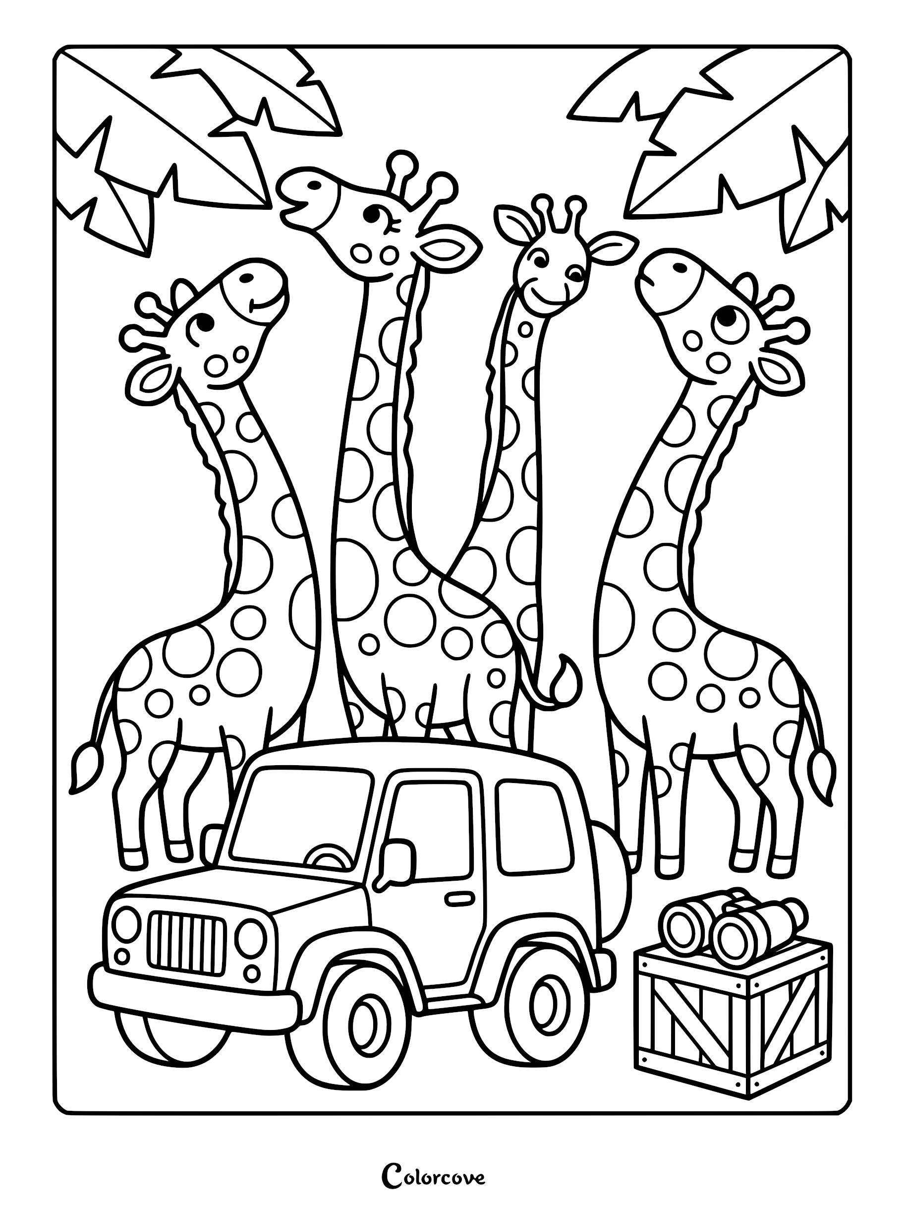 Three cartoon giraffes standing behind a safari jeep with binoculars on a wooden crate in this printable coloring page.