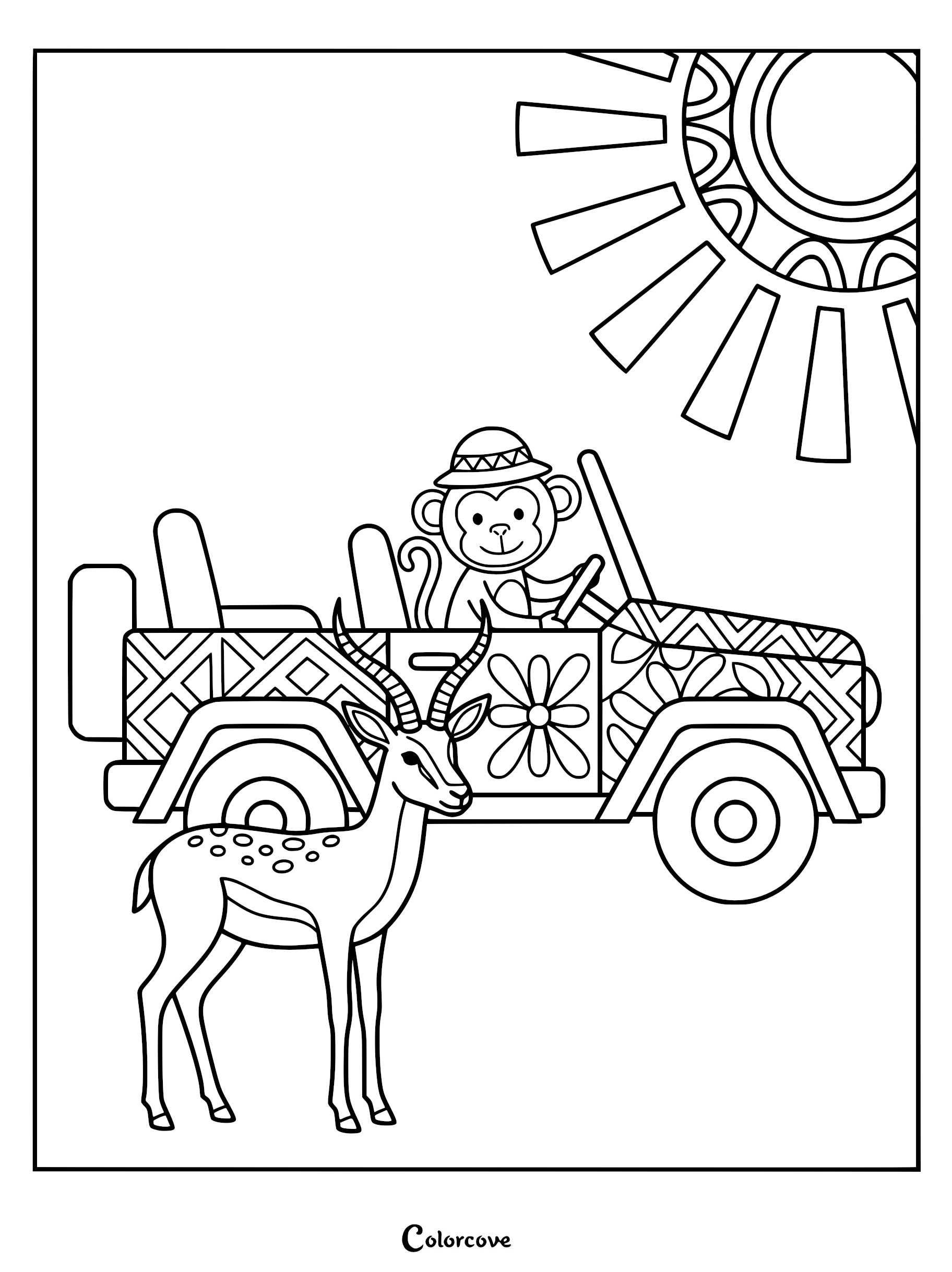 A monkey wearing a safari hat drives a patterned jeep past a standing gazelle on this printable coloring page.