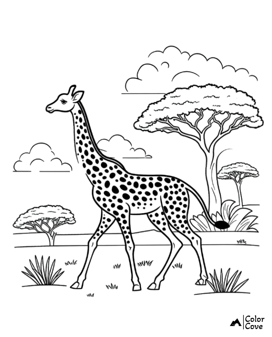 Giraffe coloring page featuring a standing giraffe in an African savanna with trees and clouds in the background.