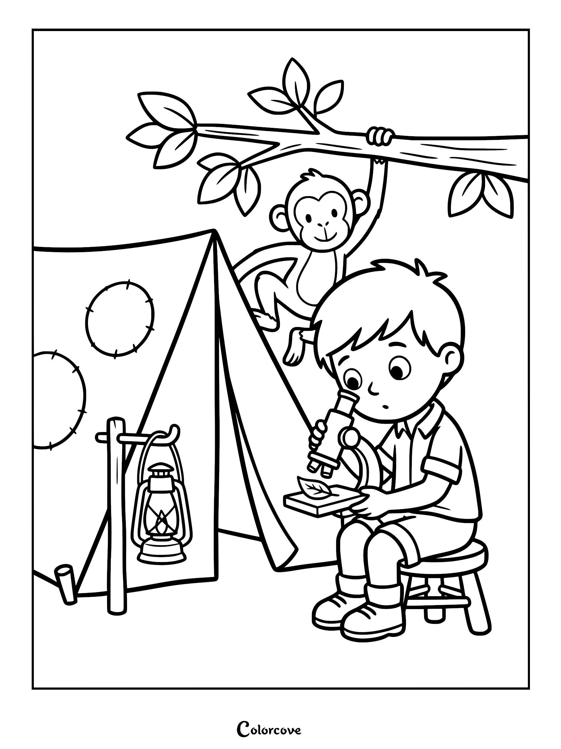 A young explorer looking at a leaf through a microscope outside a tent with a monkey hanging from a tree branch in this safari coloring page.