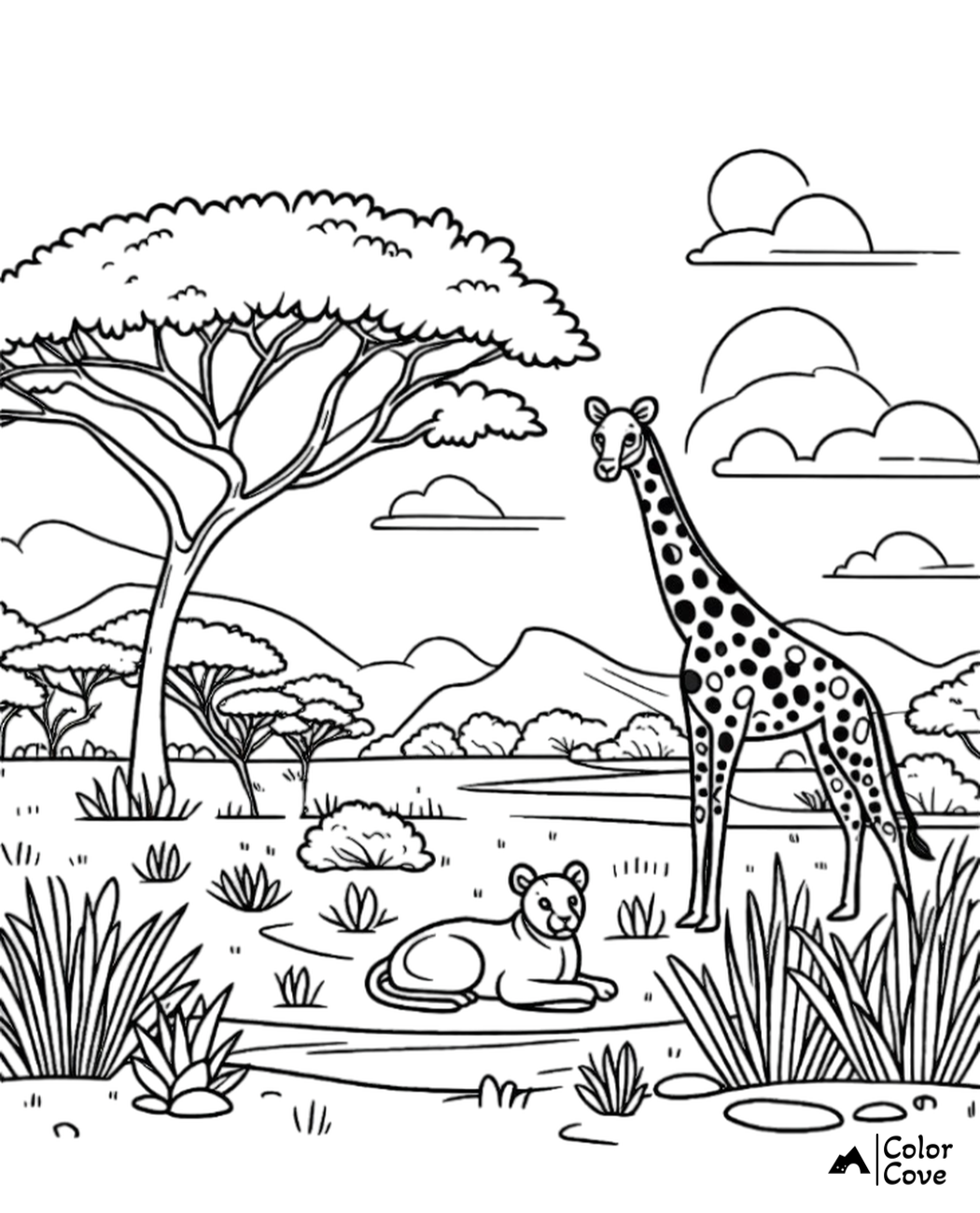 Coloring page featuring a giraffe and a lion in an African savanna landscape with trees, mountains, and clouds.