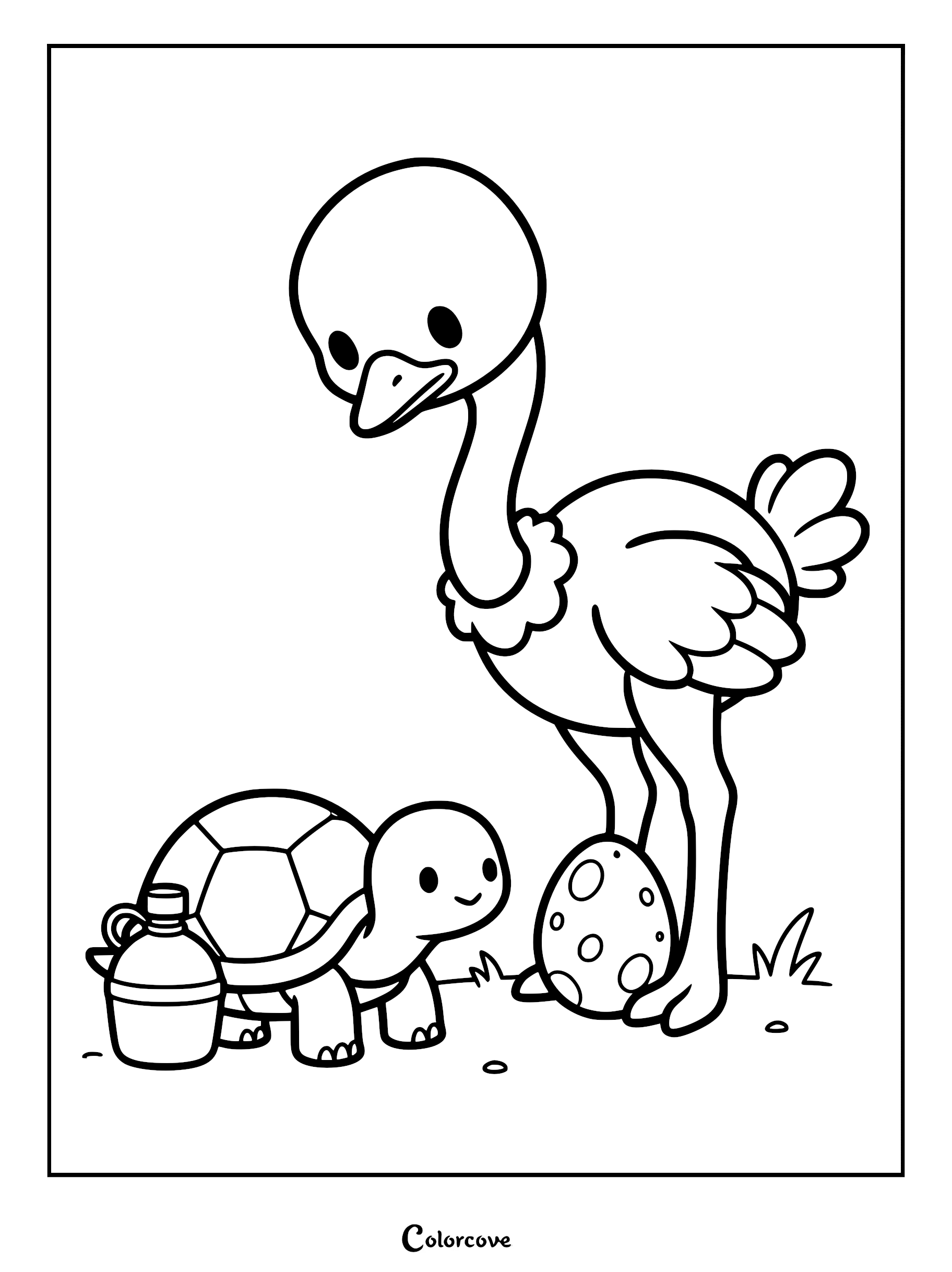 A cute ostrich standing next to a turtle carrying a canteen in this safari coloring page.
