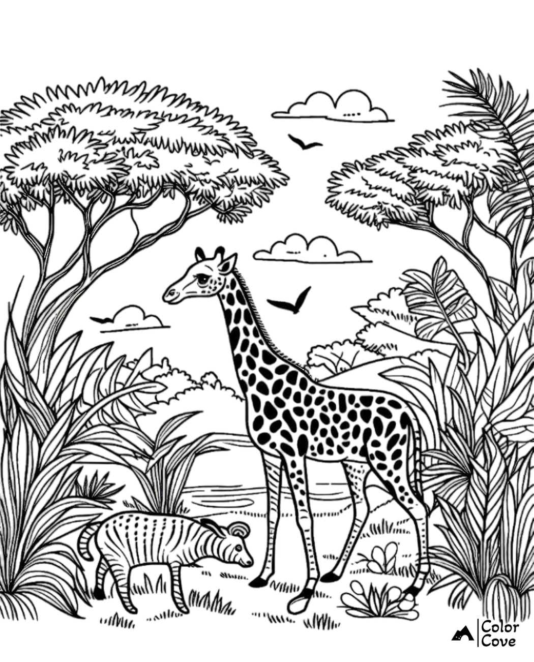 Coloring page of a giraffe and a baby tapir in a lush jungle with birds flying and trees in the background.