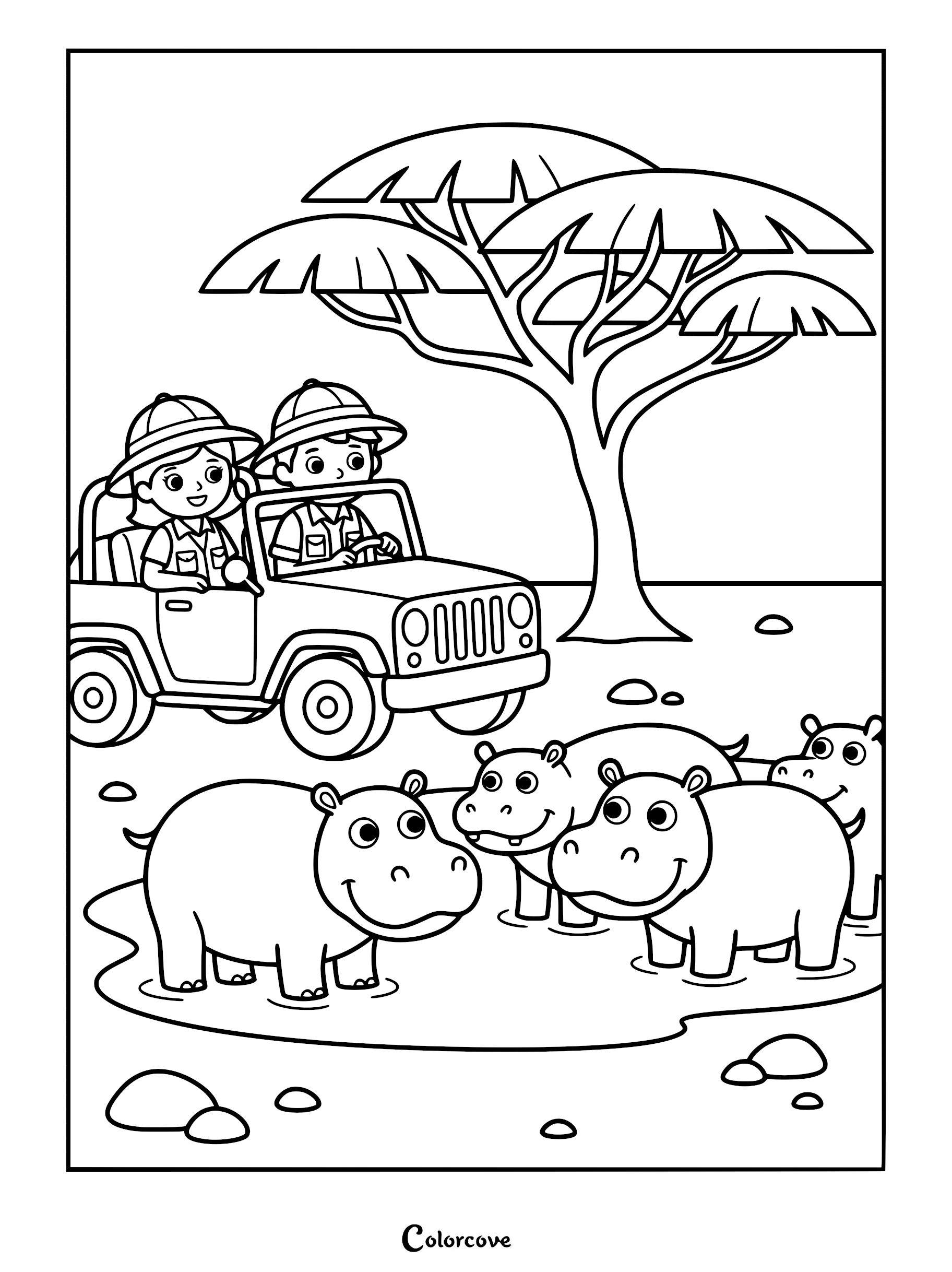 A boy and girl in safari gear driving a jeep past a group of hippos in a pond, coloring page.