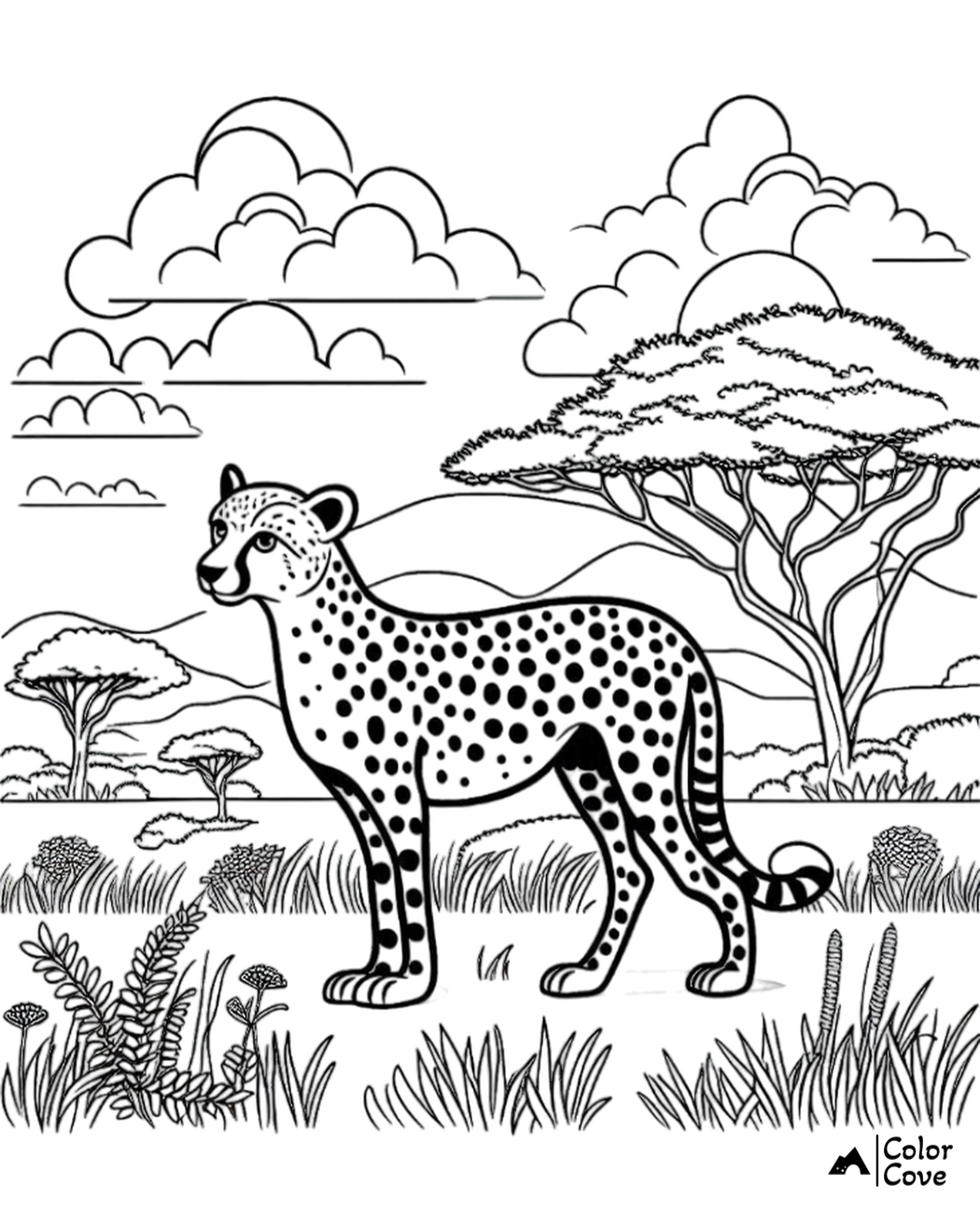 Coloring page of a cheetah standing in an African savanna with trees, grass, and clouds in the background.