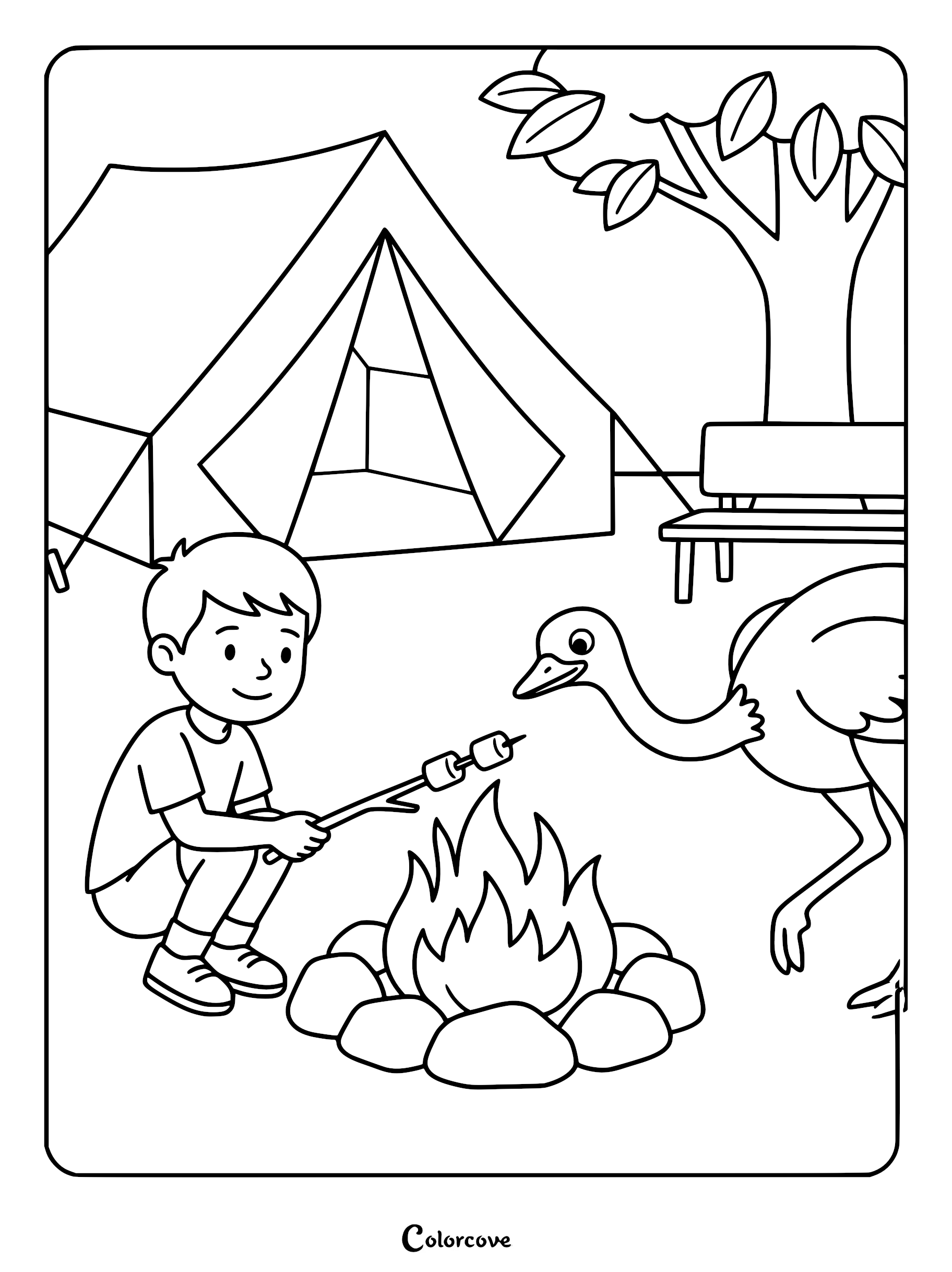 A young boy roasting marshmallows over a campfire next to an ostrich in a campsite, printable coloring page.
