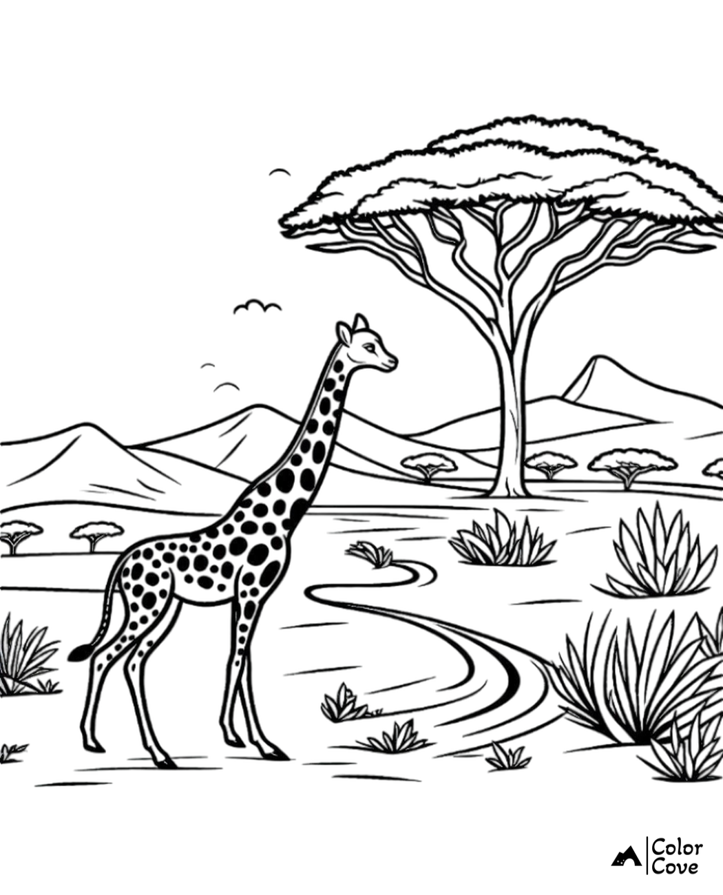 Coloring page of a giraffe walking in an African savanna with trees, mountains, and plants in the background.