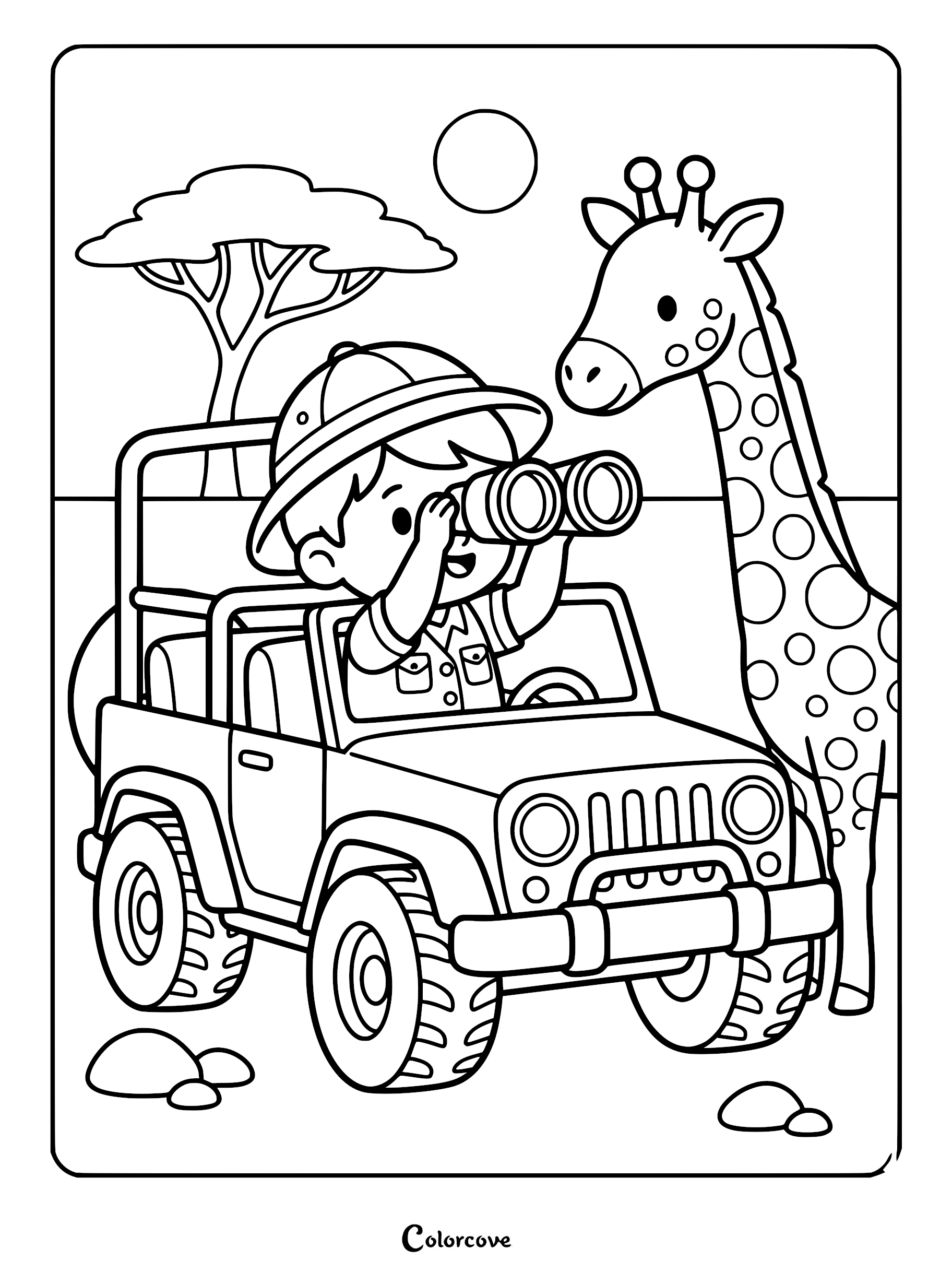 A young explorer in a safari jeep looking through binoculars at a friendly giraffe in this printable safari coloring page.