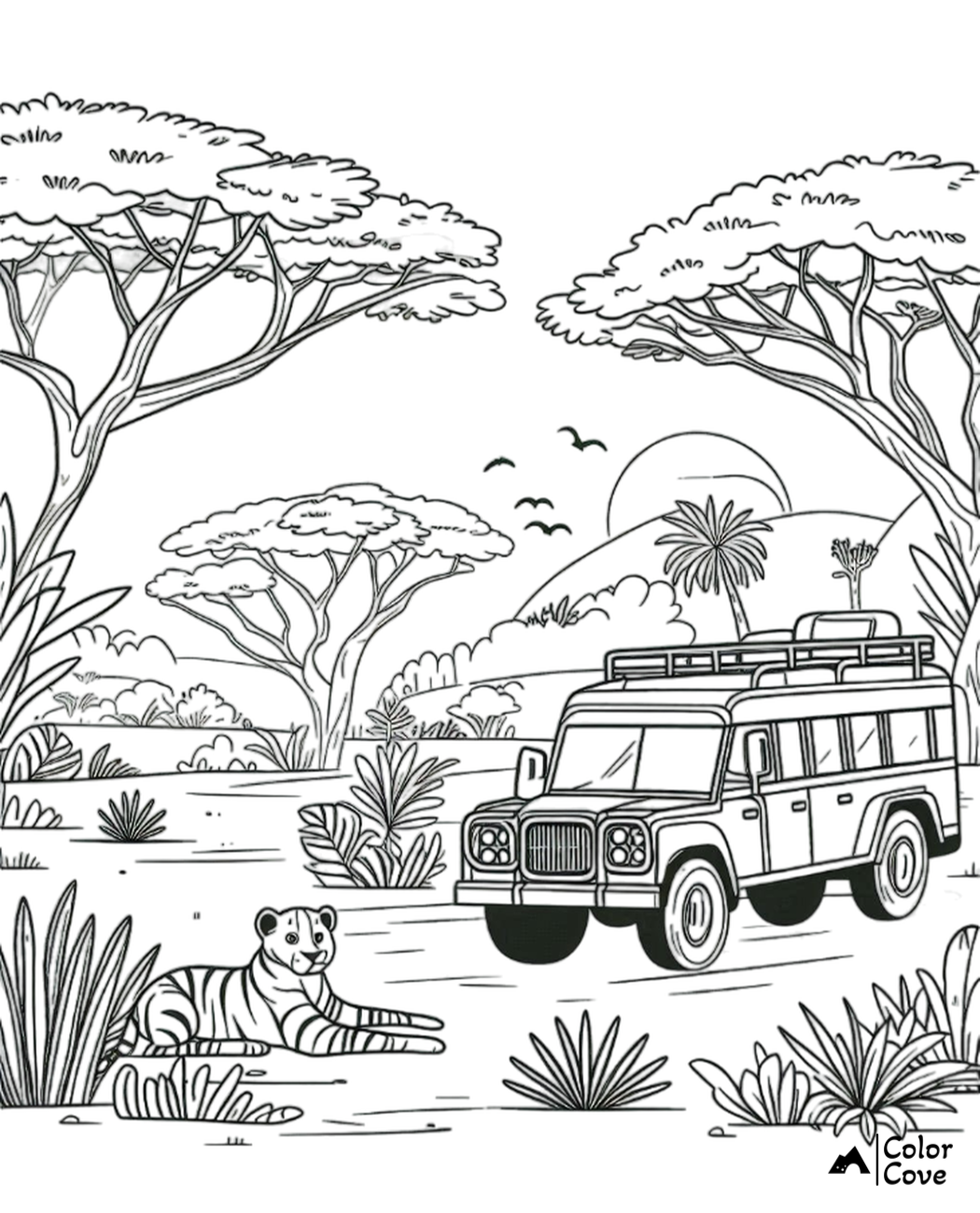 Safari coloring page with a jeep, lounging tiger, acacia trees, and wildlife scenery ready for coloring.