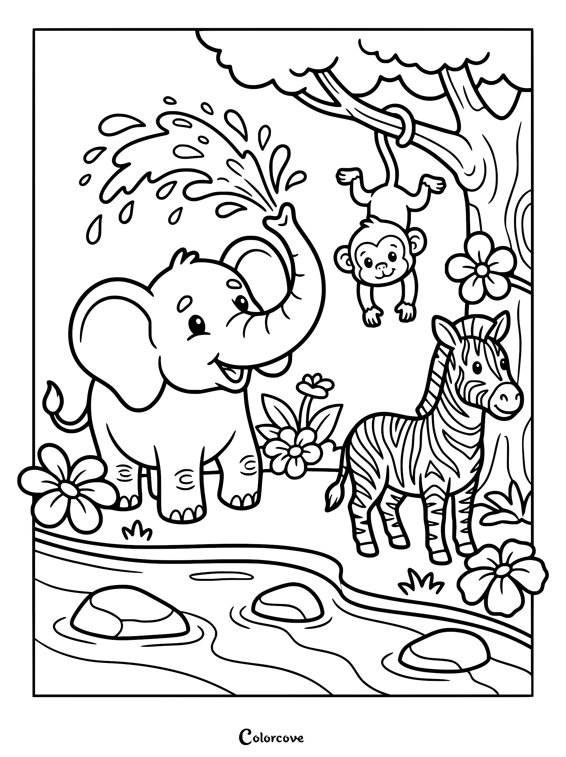 A cute elephant spraying water with its trunk while a monkey hangs from a tree and a zebra stands nearby in this safari coloring page.