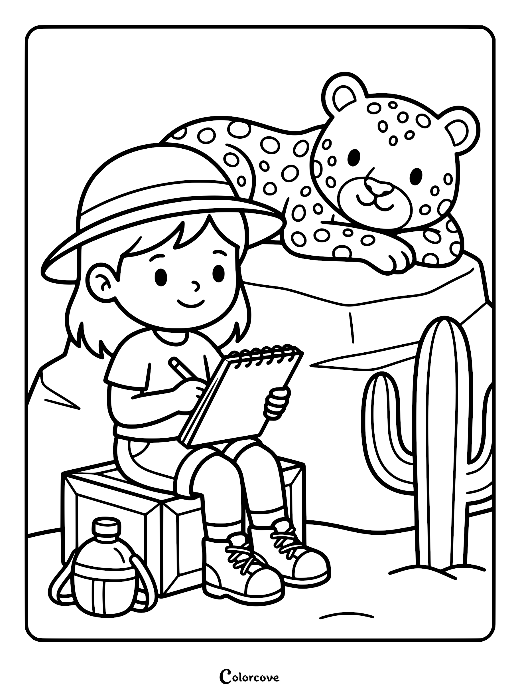 A young explorer in a safari hat sketching a spotted leopard on a rock in this printable coloring page.