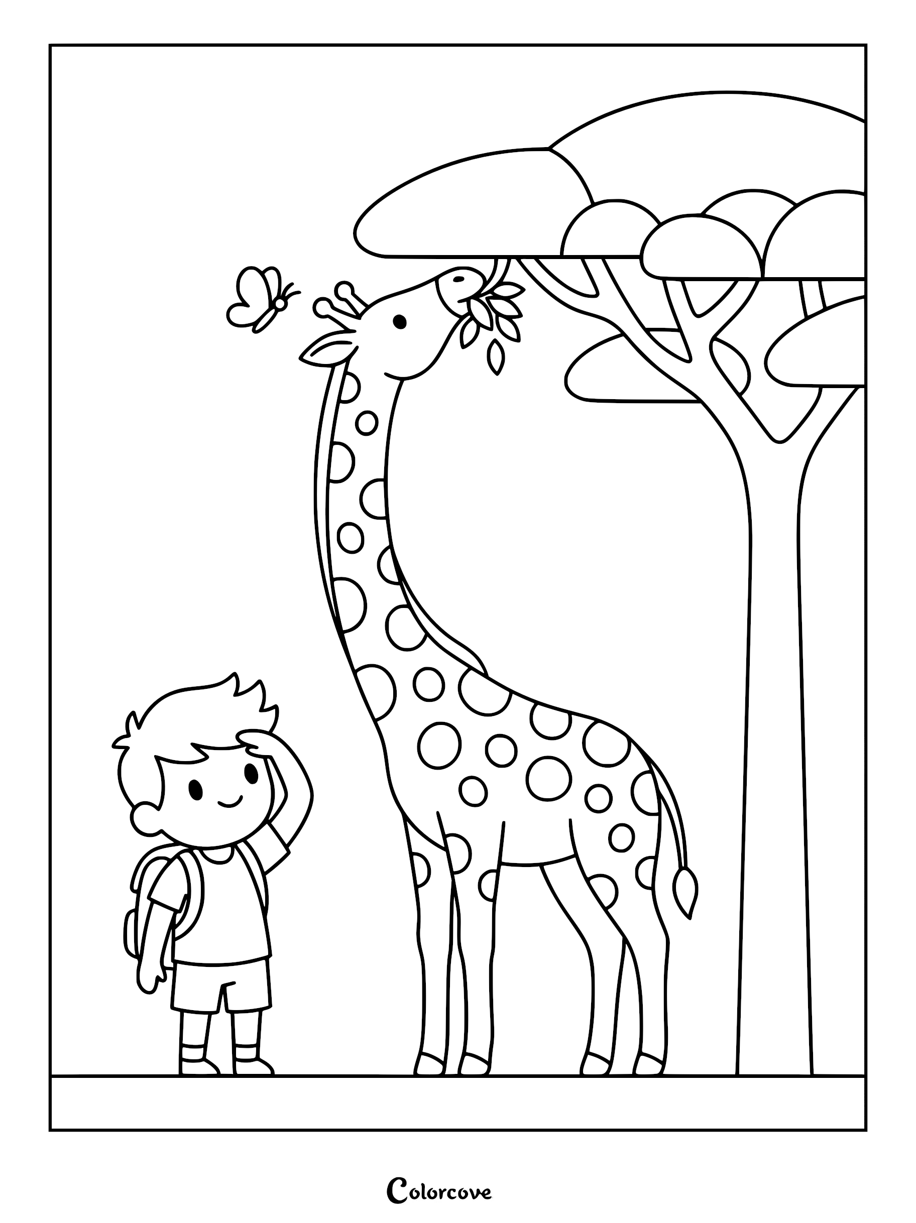 A boy with a backpack watches a giraffe eating leaves from an acacia tree while a butterfly flies nearby in this safari coloring page.