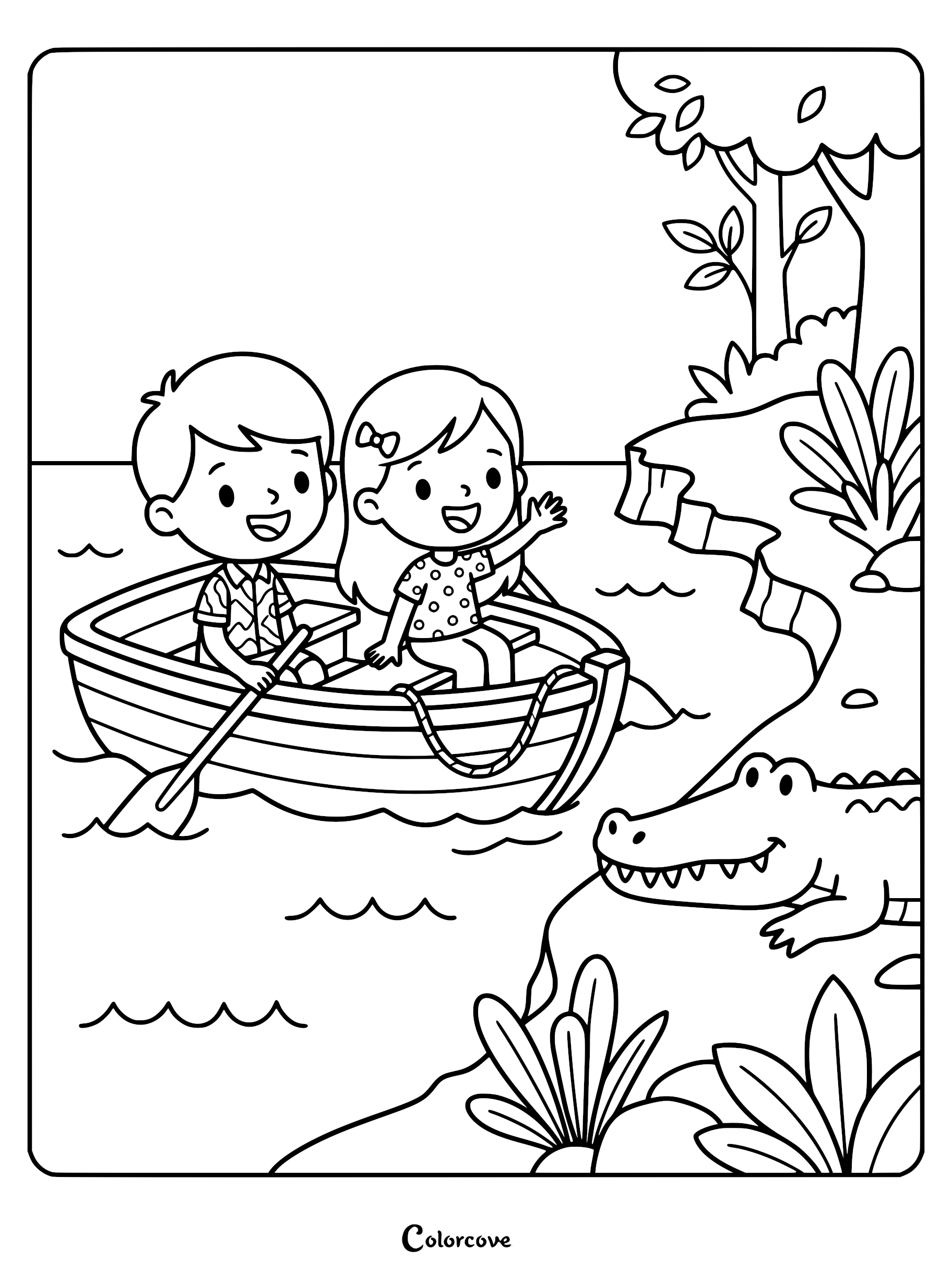 A boy and girl in a wooden boat waving at a friendly crocodile on a safari river coloring page.