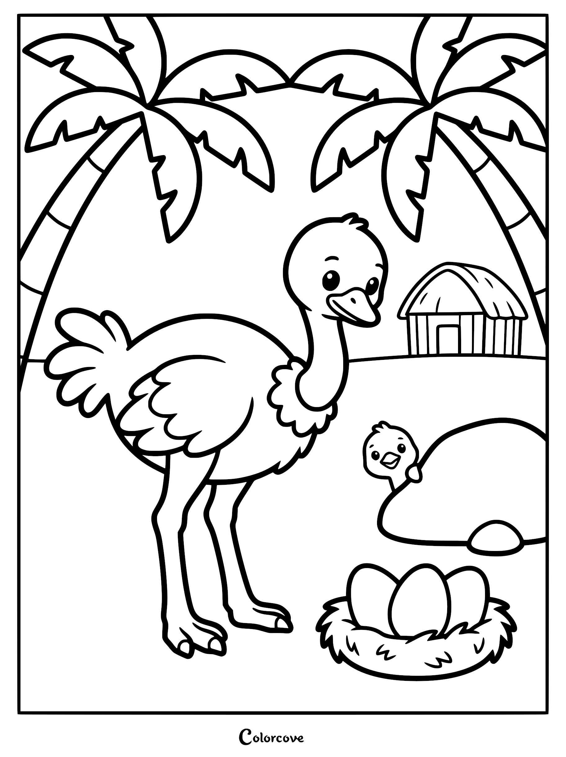 Ostrich mother standing near a nest of three eggs with a baby ostrich peeking from behind a rock in a safari setting with palm trees and a hut, printable coloring page.