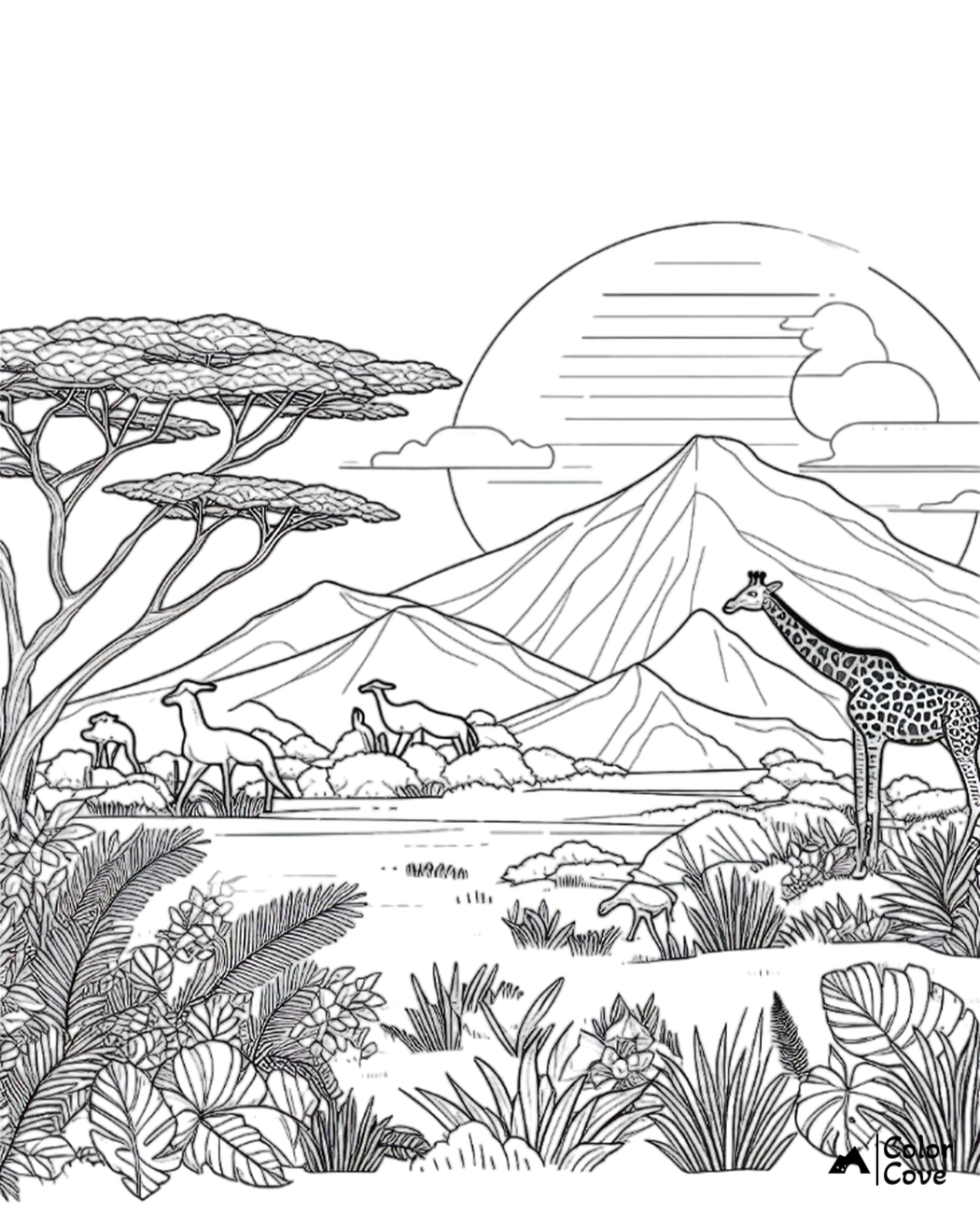 Coloring page of an African savannah with giraffes, antelopes, a river, and mountains in the background.