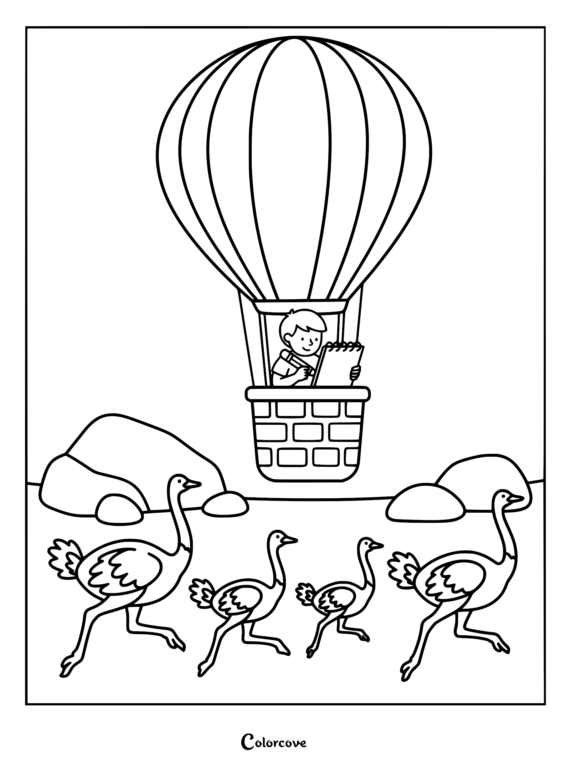 A boy in a hot air balloon sketching a family of four ostriches in a safari landscape coloring page.