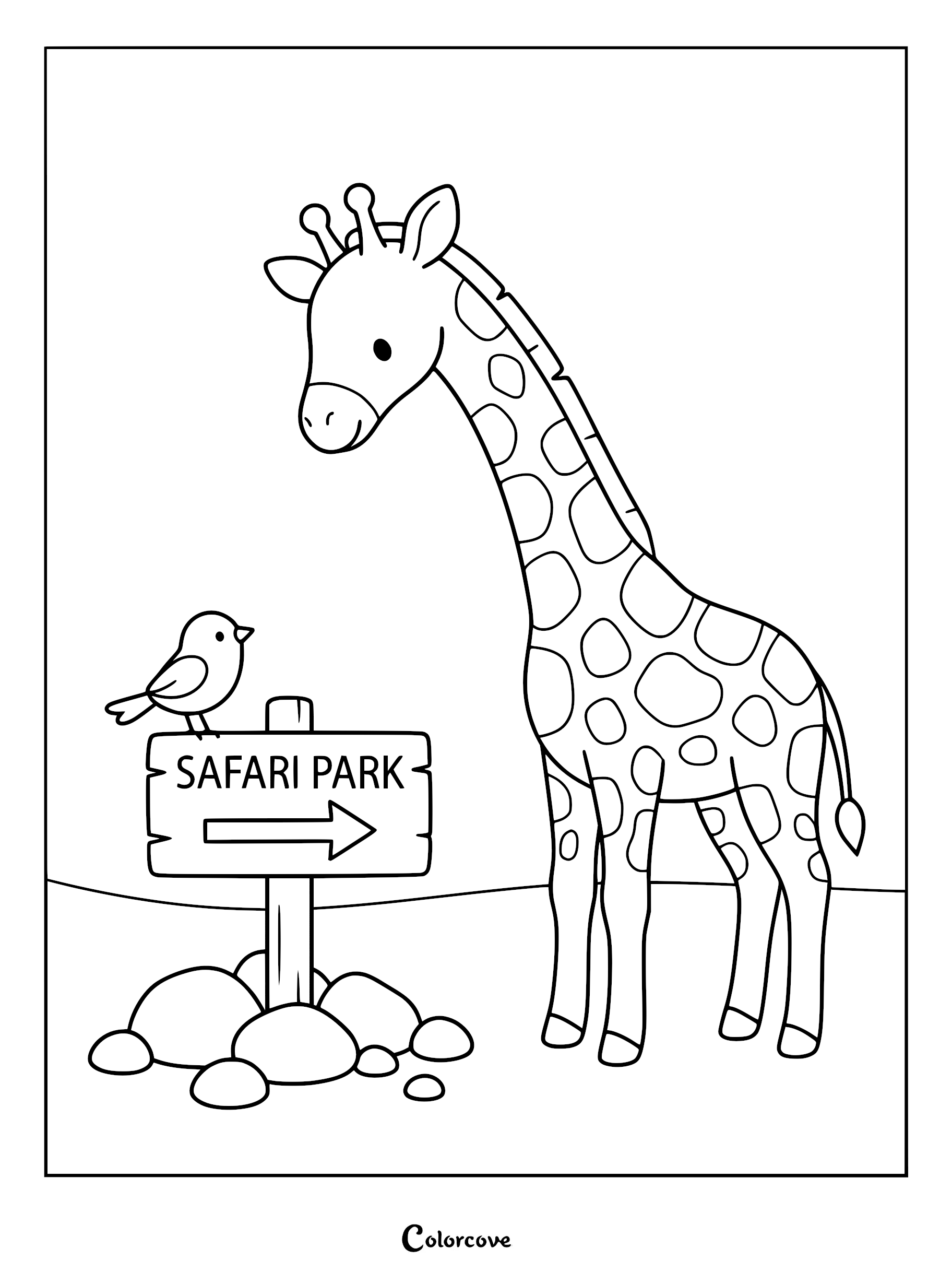 A cute giraffe standing next to a Safari Park sign with a small bird perched on top in this printable coloring page.