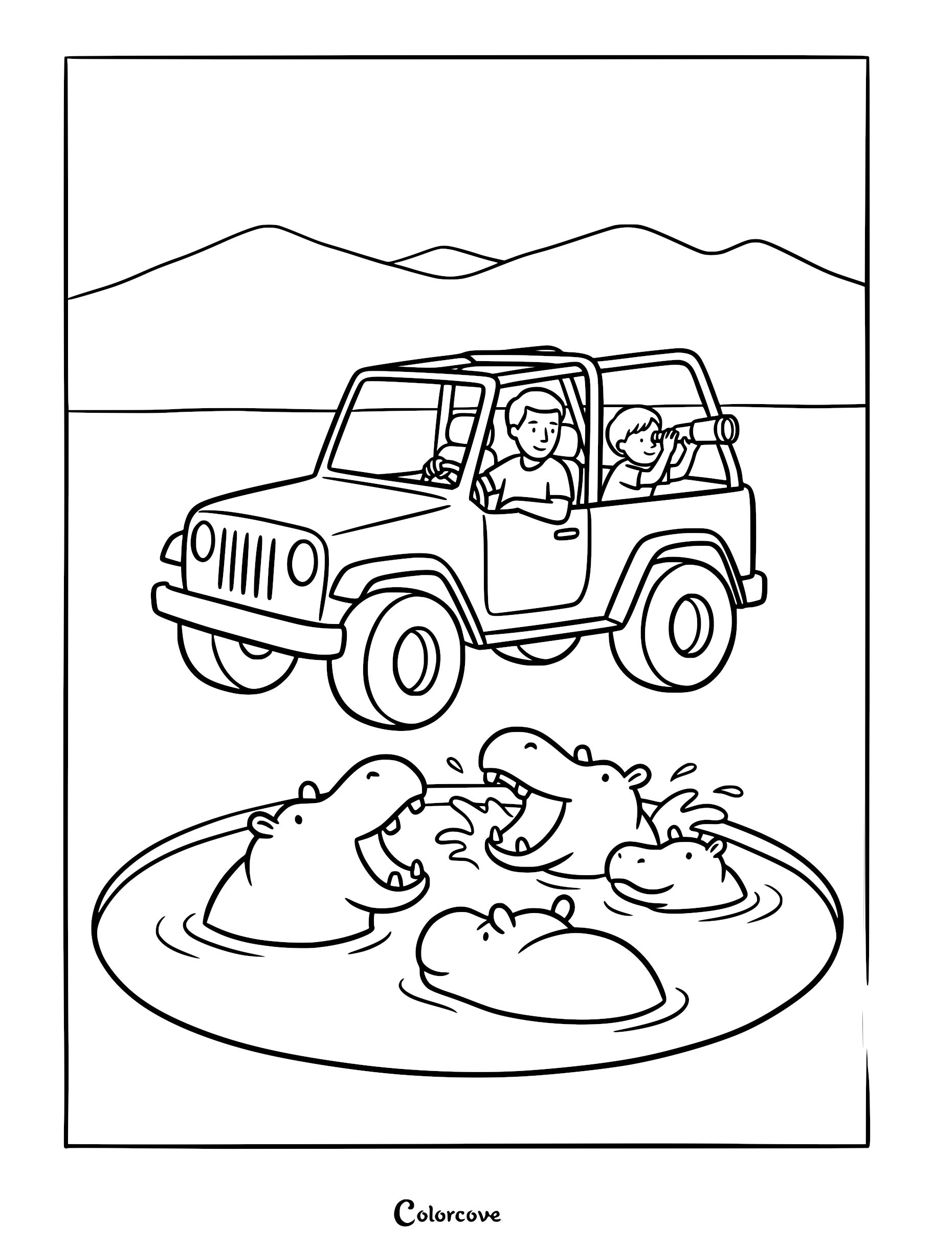 A father and son in a safari jeep watching four hippos splashing in a water hole, line art coloring page.