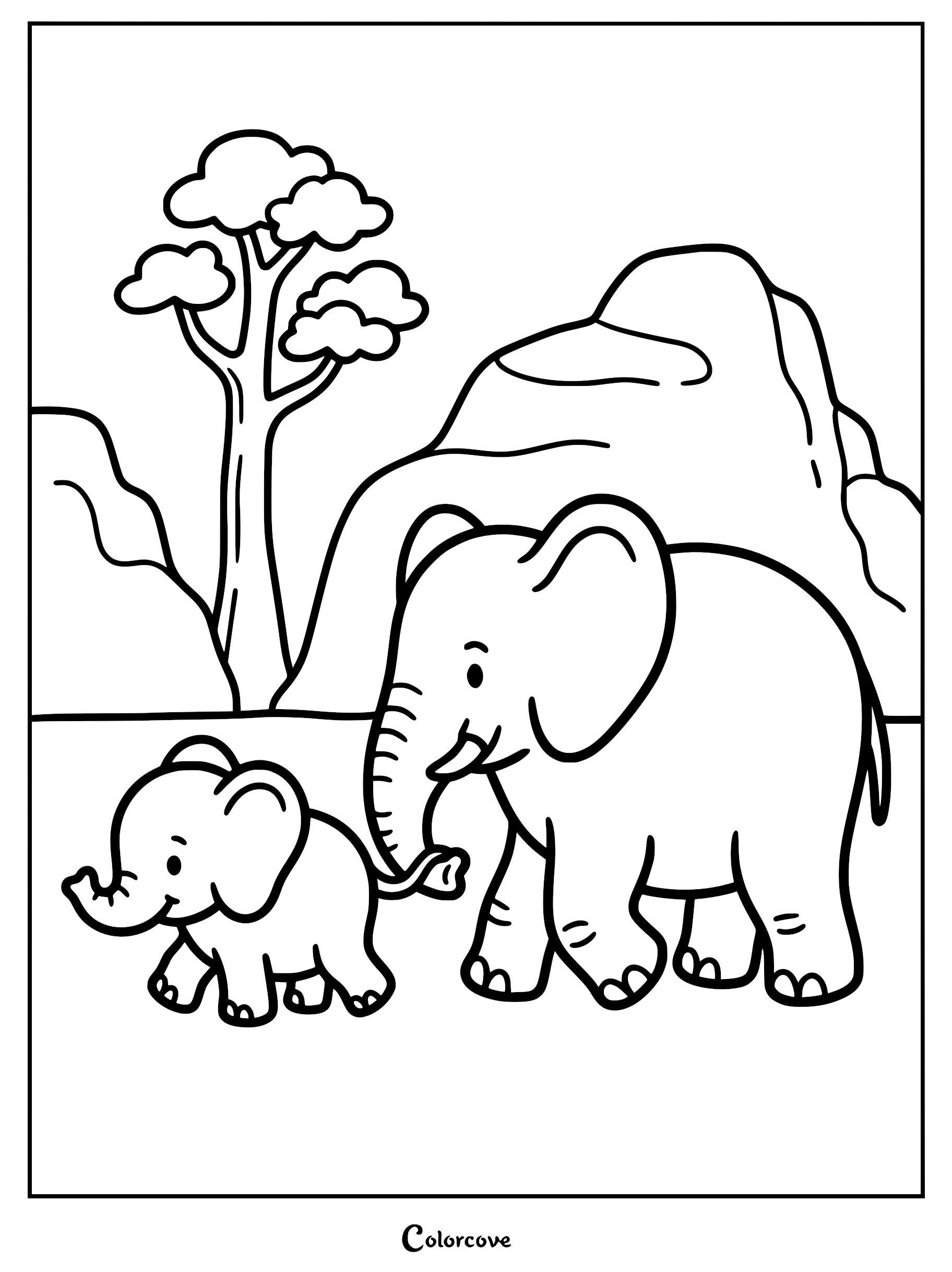 A mother elephant holding her baby calf's tail in a safari landscape with a tree and mountains coloring page.
