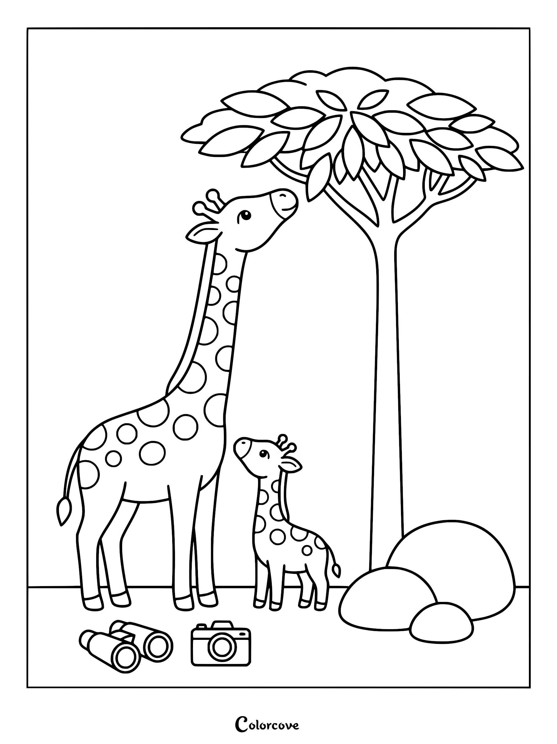A mother giraffe and her calf standing under an acacia tree with binoculars and a camera on the ground in this safari coloring page.