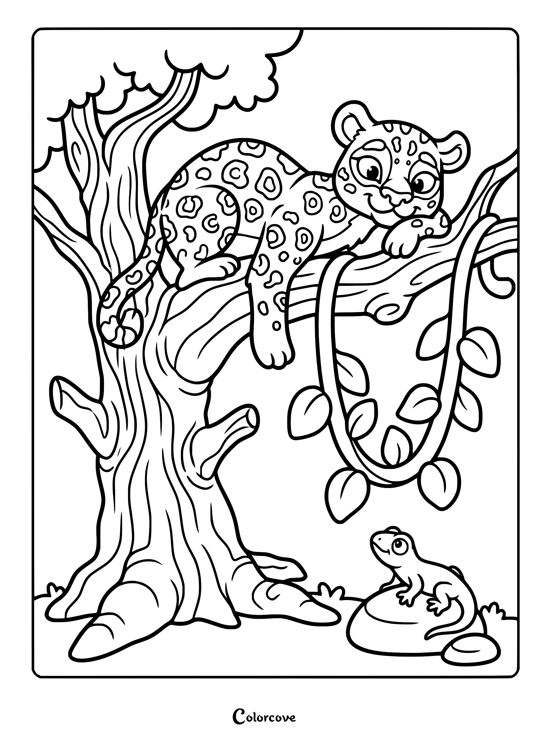 A cute spotted leopard cub lying on a tree branch looking down at a small lizard on a rock in this safari coloring page.