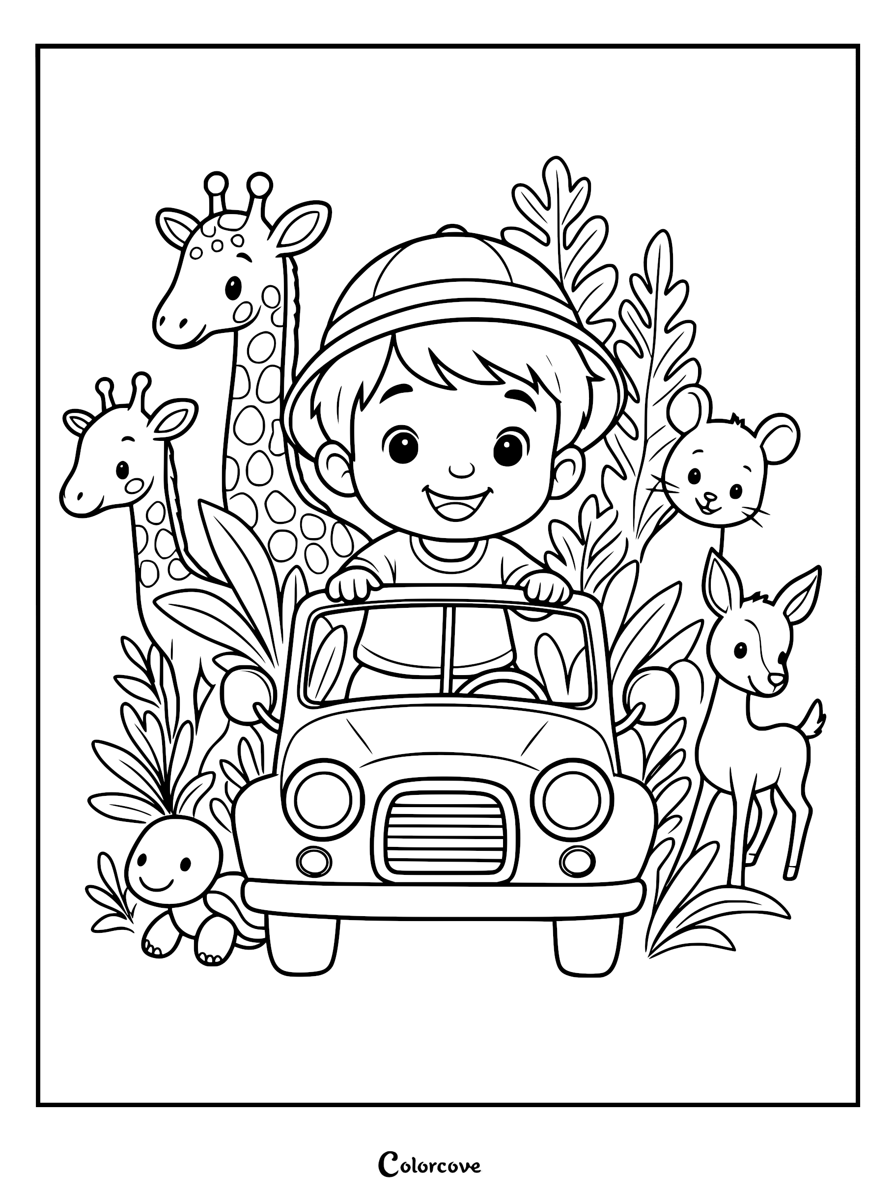A smiling boy in a pith helmet driving a safari jeep surrounded by giraffes, a deer, and a turtle in this printable coloring page.