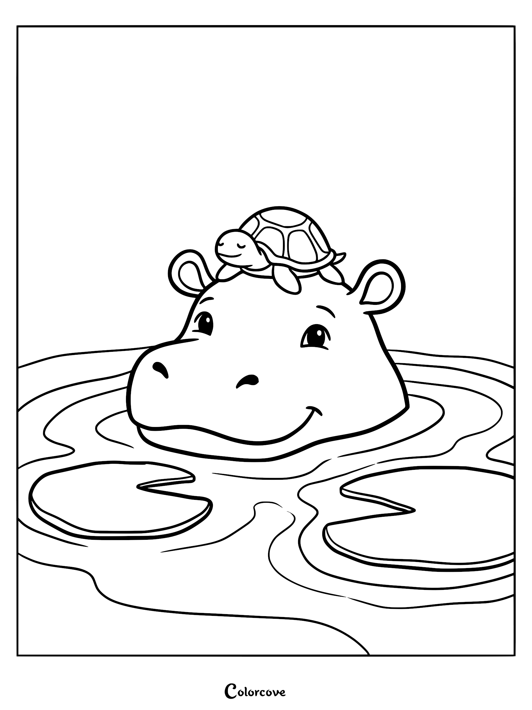 A cute hippo swimming in a pond with a small turtle resting on its head in this safari coloring page.