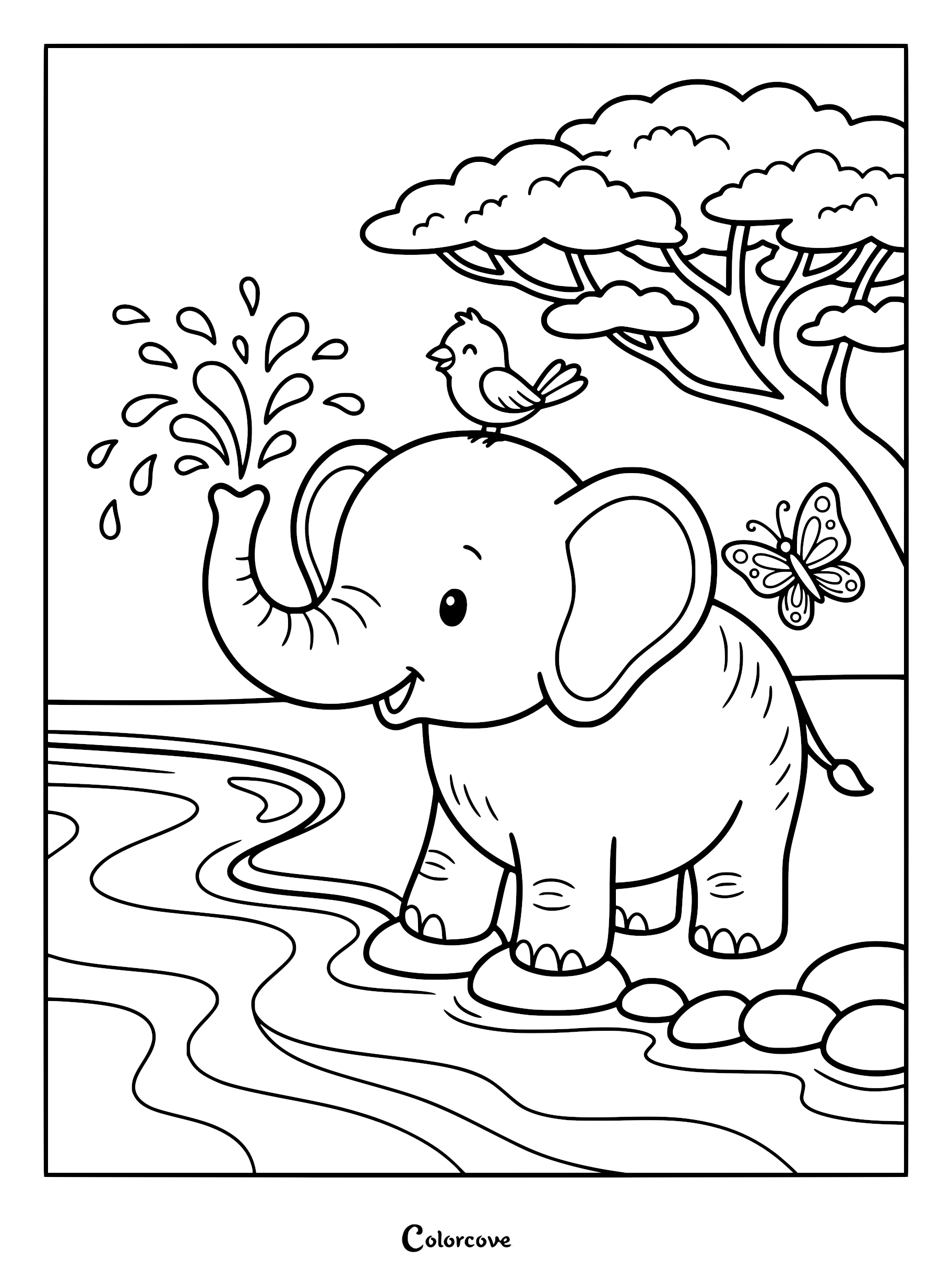 A cute baby elephant spraying water from its trunk with a small bird on its head and a butterfly nearby in a safari landscape coloring page.