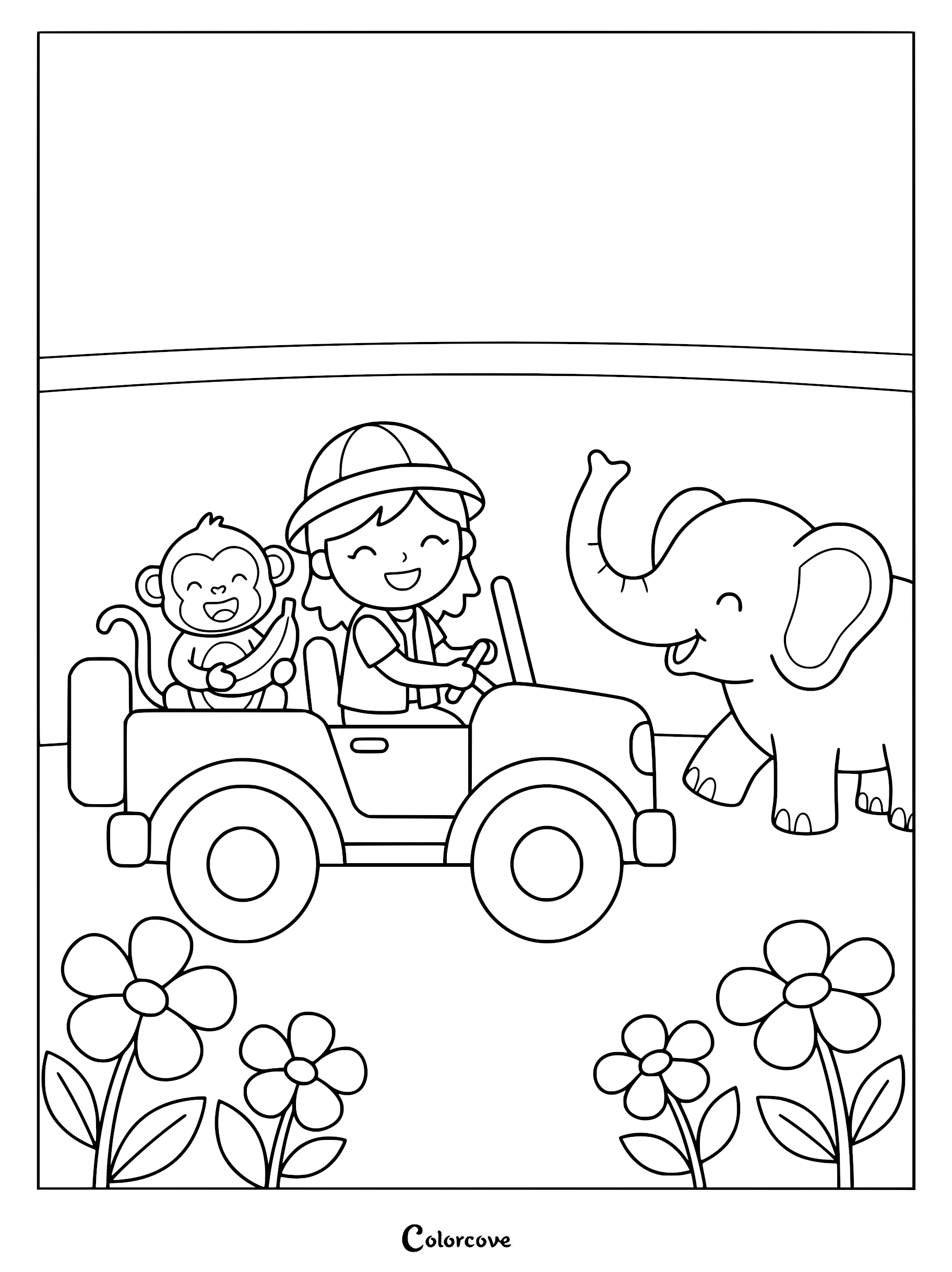 A girl in a safari hat driving a jeep with a monkey holding a banana, meeting a friendly elephant in a flower field coloring page.
