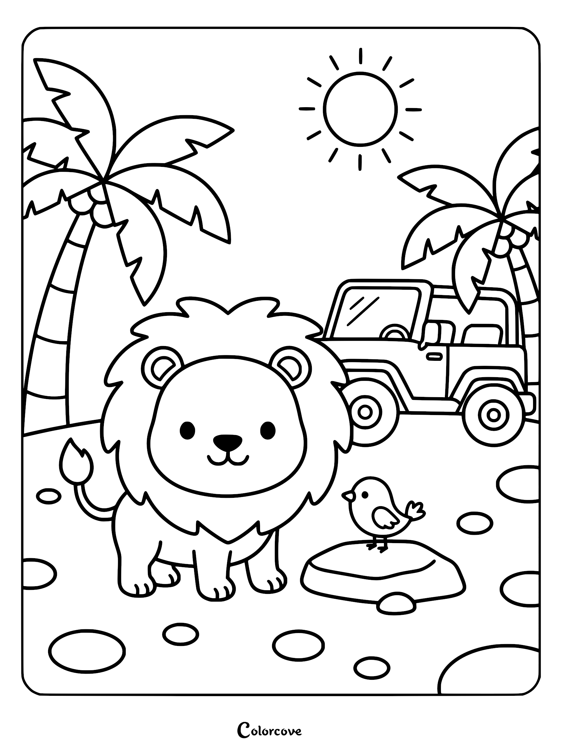 A cute lion standing next to a small bird on a rock with a safari jeep and palm trees in the background, coloring page style.