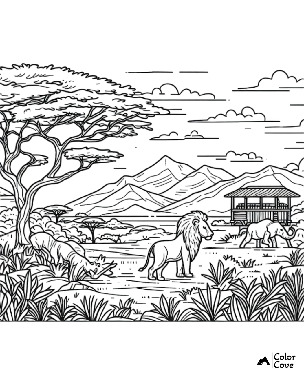 Safari Animal Coloring Page: Lion, Rhino, and Elephant in African Savanna with Mountains and Hut. Perfect for Kids.