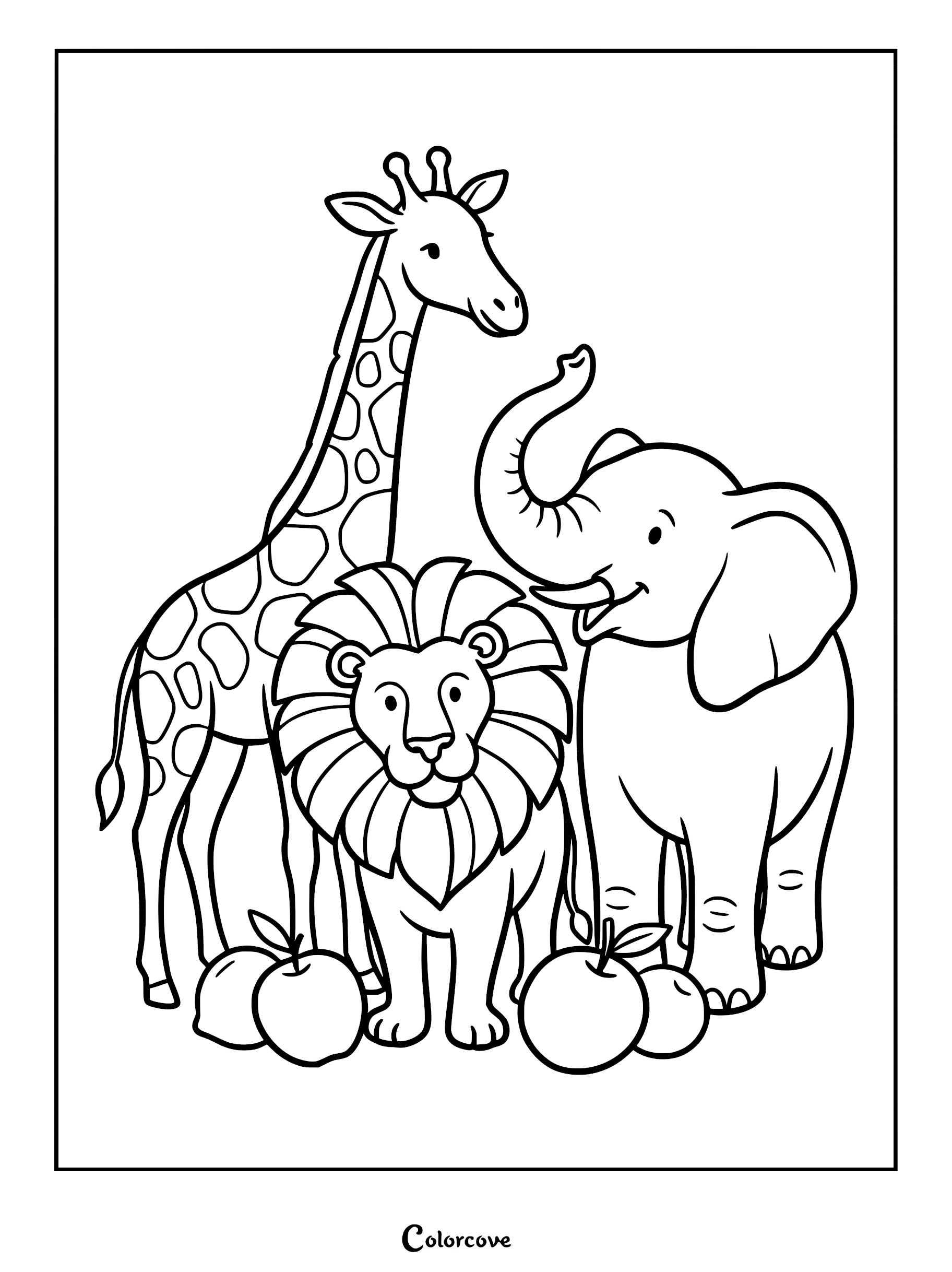 A giraffe, lion, and elephant standing together with apples in a printable coloring page.