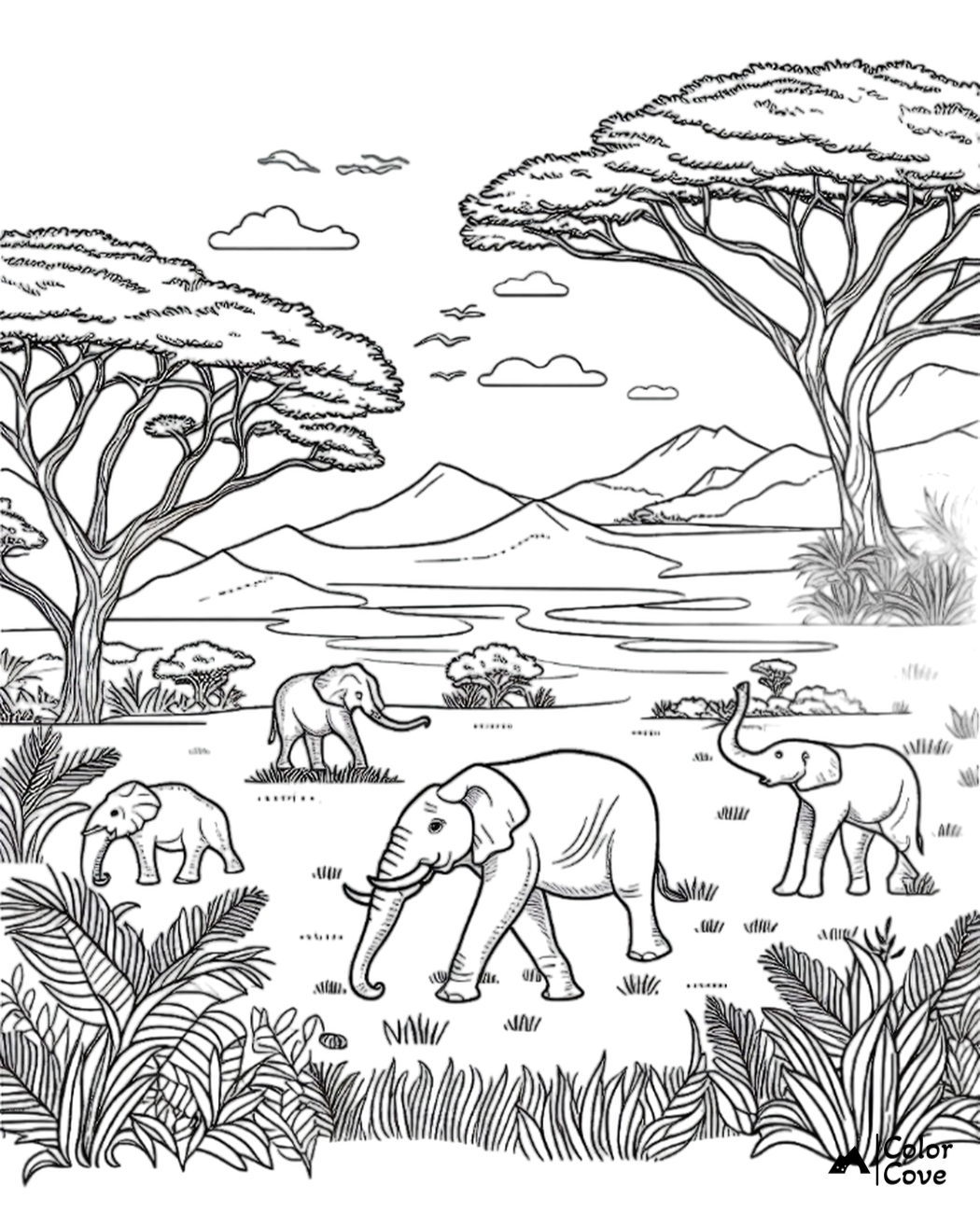 Elephant coloring page featuring elephants in a lush savanna landscape with mountains, trees, clouds, and birds.