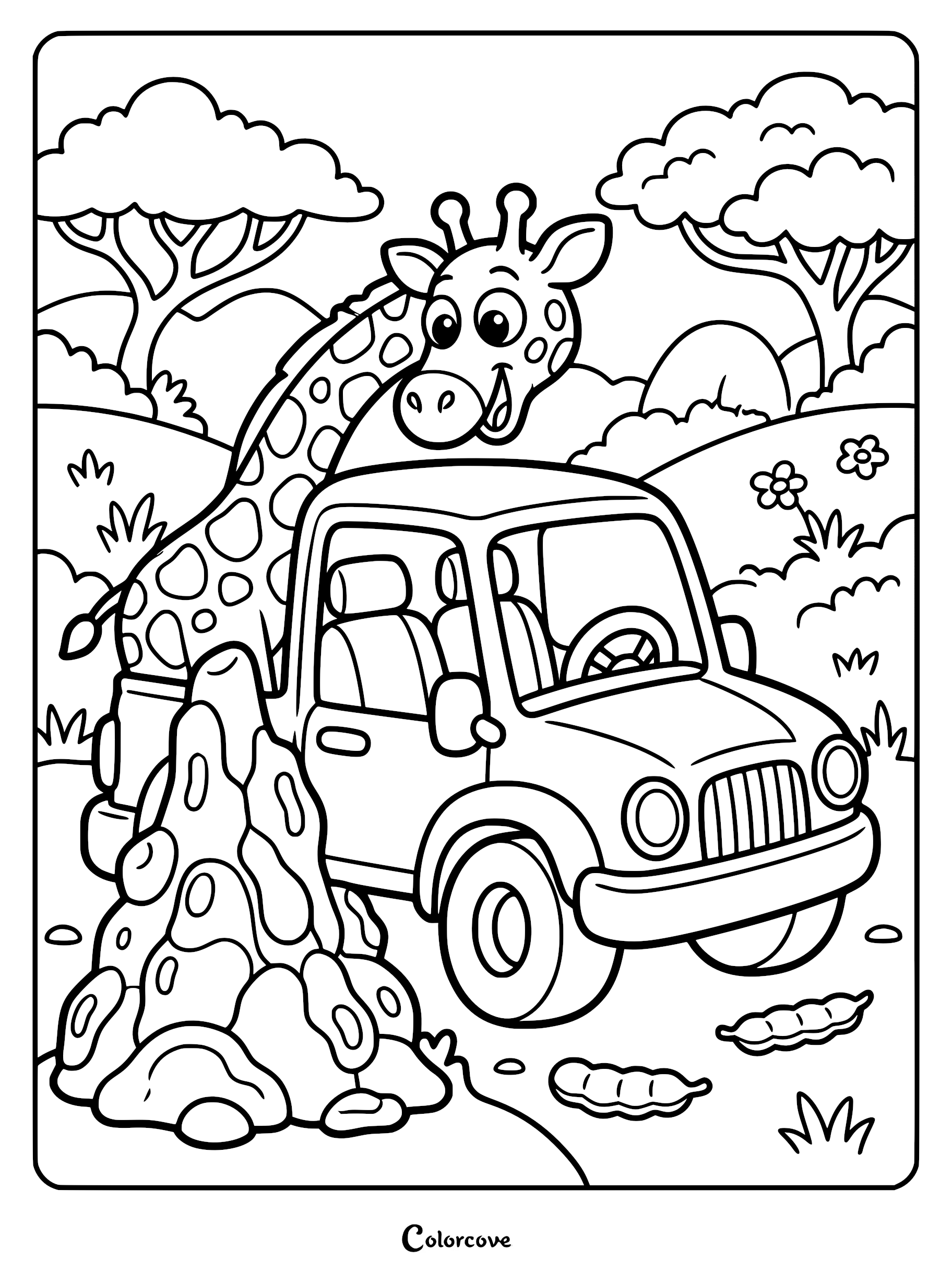 A friendly giraffe leaning over a safari jeep in the savanna, coloring page style line art.