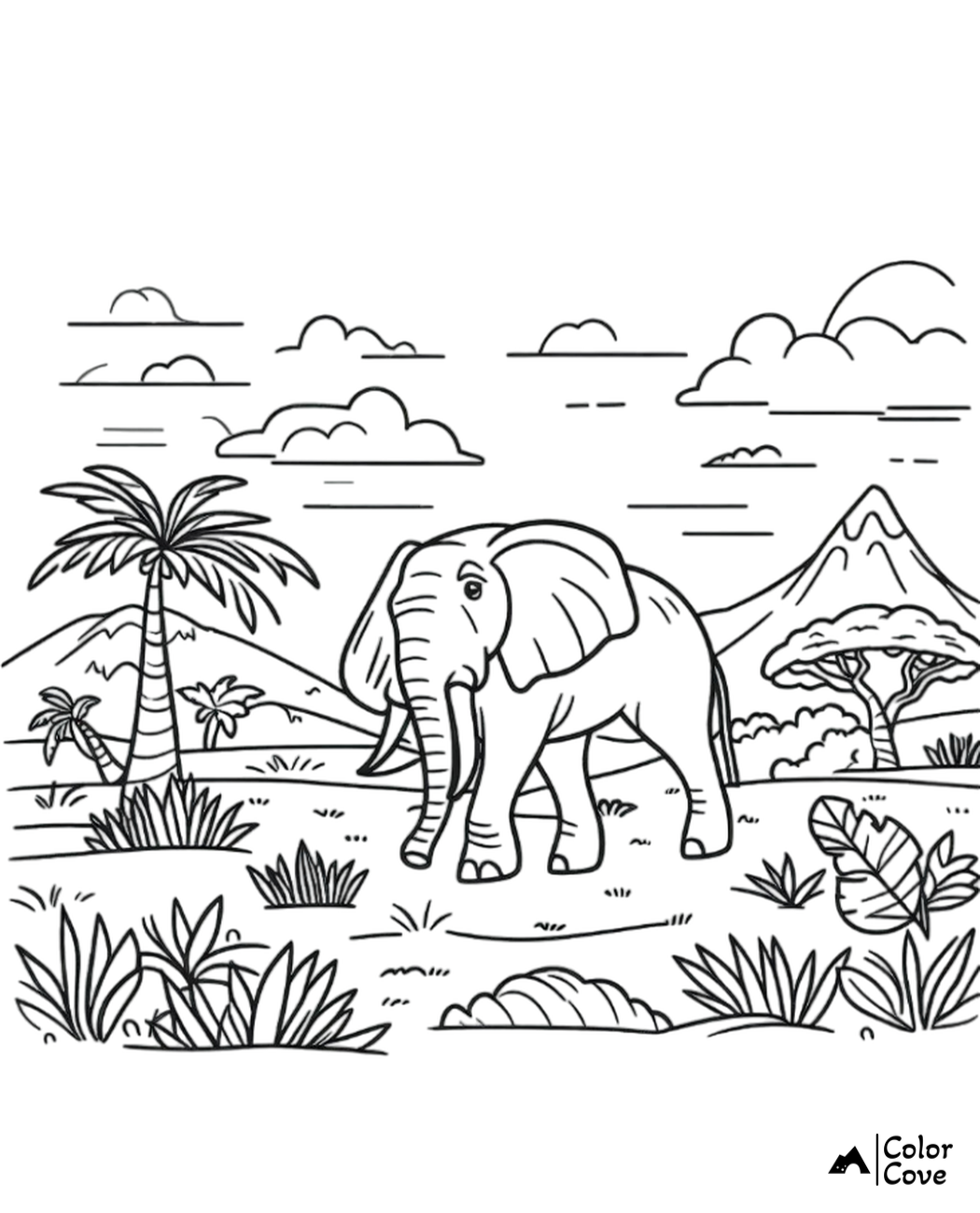 Elephant coloring page in a jungle setting with mountains, trees, and clouds in the background. Print and color.