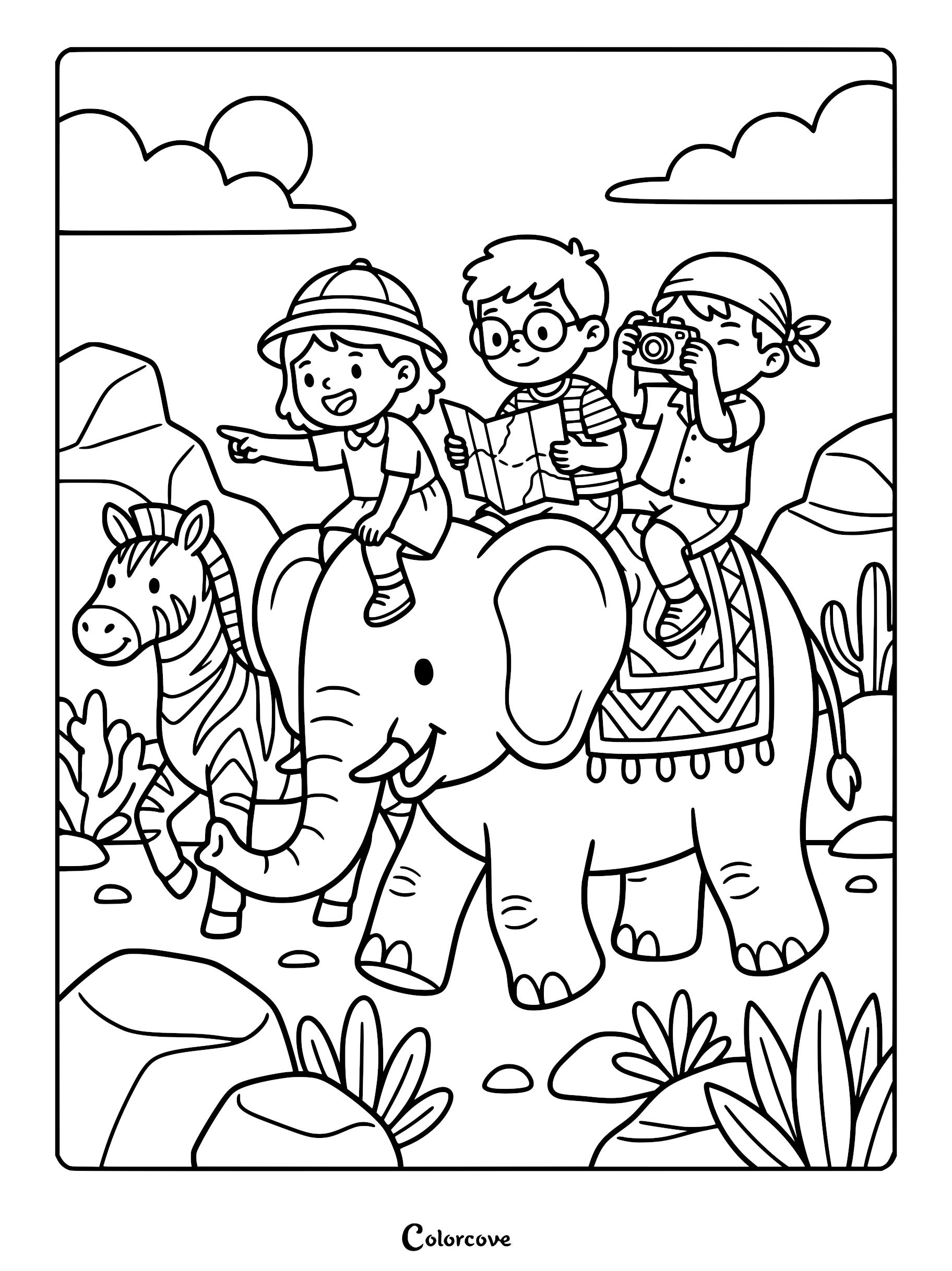 Three children riding an elephant with a zebra nearby in a safari coloring page scene.